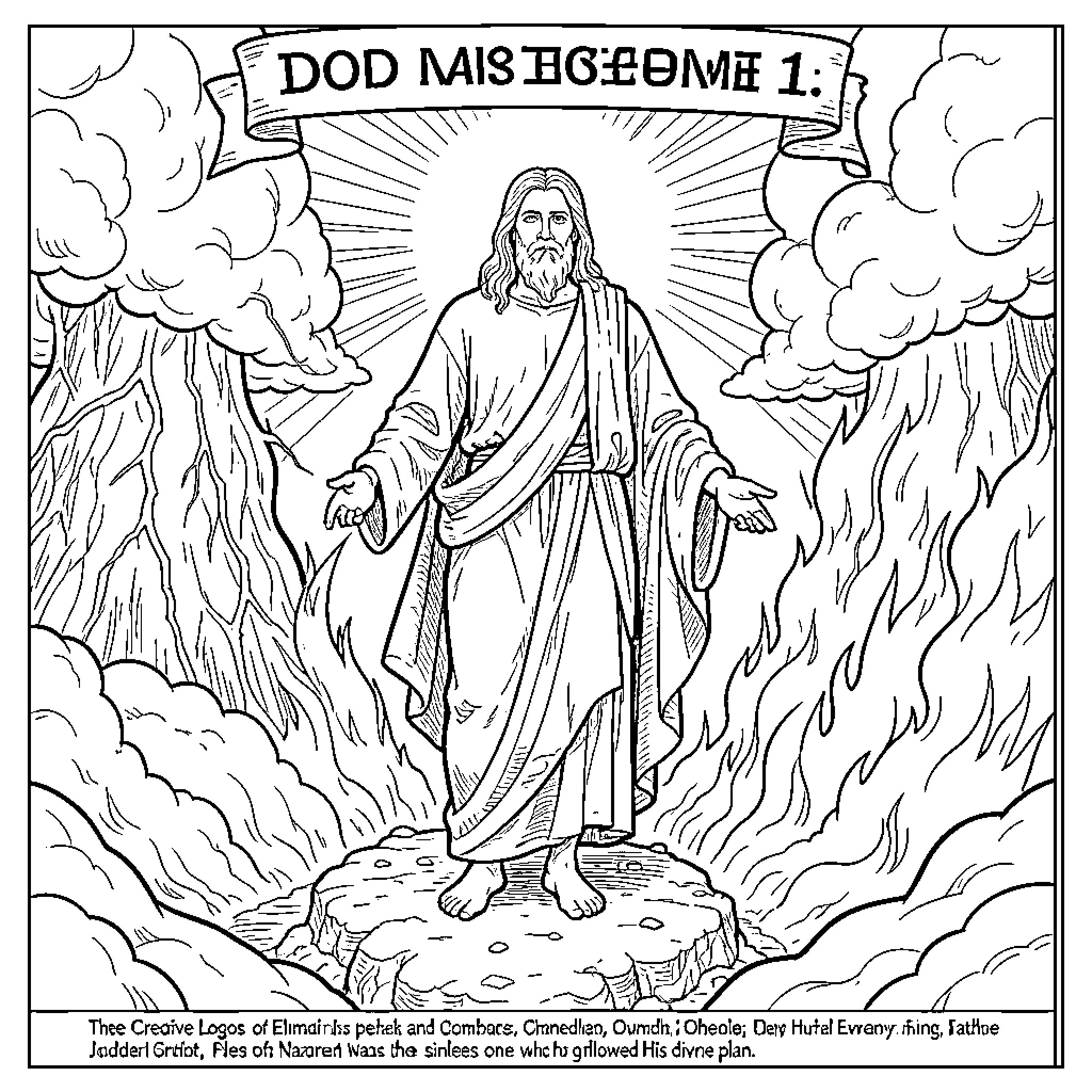 God standing with arms outstretched amidst divine light Coloring Page (free black-and-white line drawing printable PDF for all, from beginners to advanced learners, including children, teens, adults, and seniors)