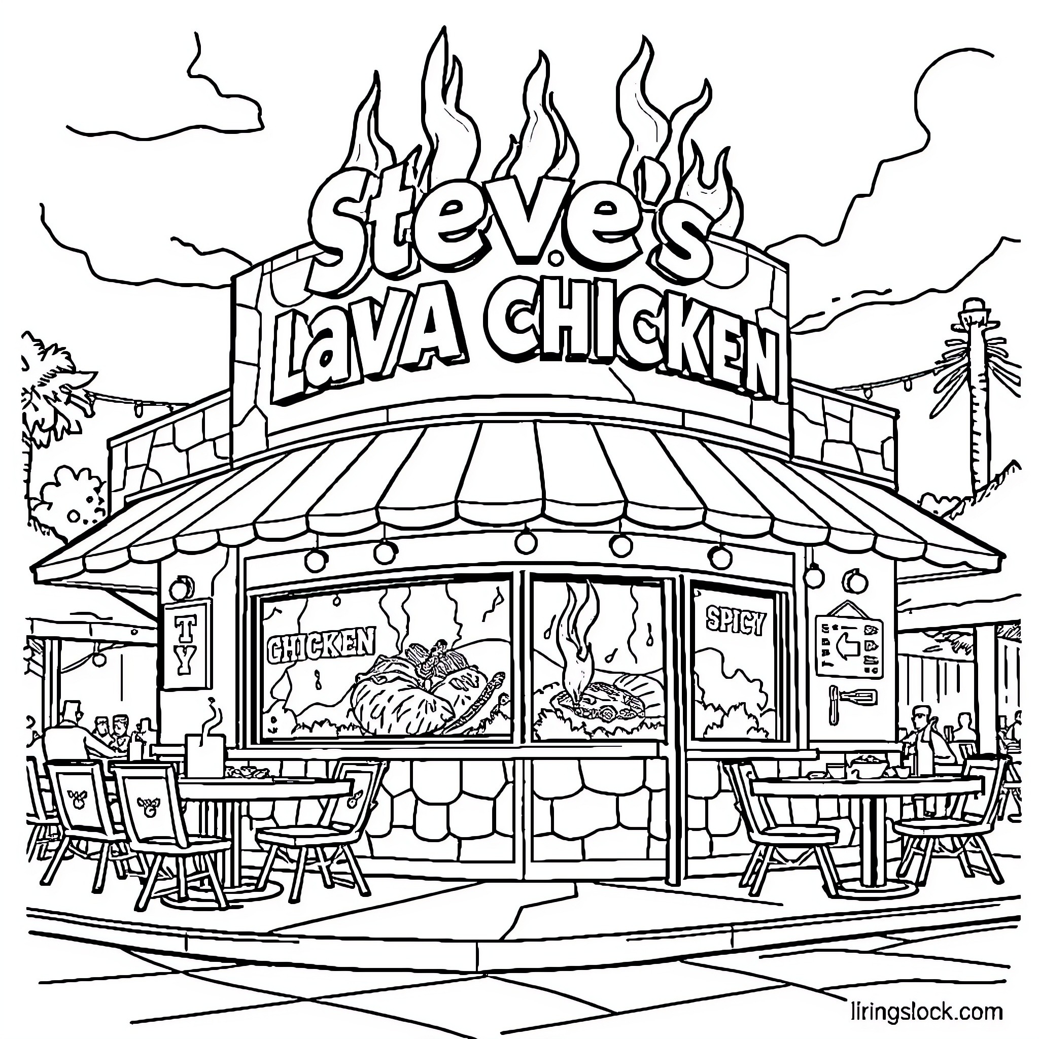 Chicken restaurant with outdoor seating and signage Coloring Page (free black-and-white line drawing printable PDF for all, from beginners to advanced learners, including children, teens, adults, and seniors)