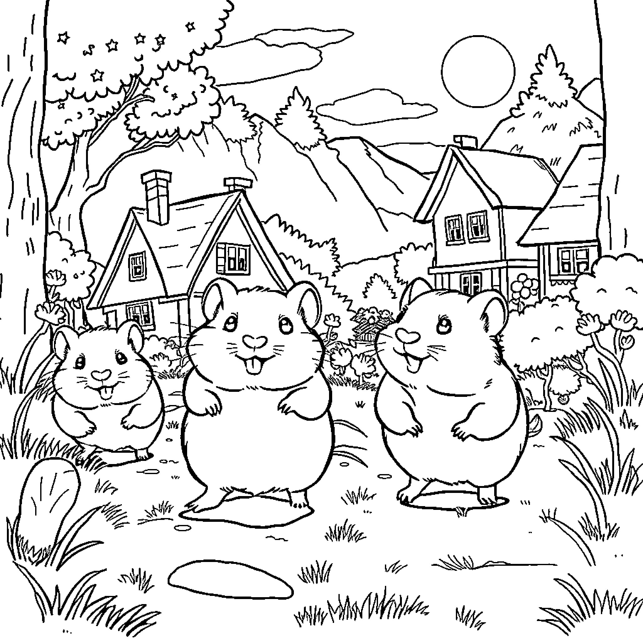 Hamsters enjoying a sunny day in the countryside Coloring Page (free black-and-white line drawing printable PDF for all, from beginners to advanced learners, including children, teens, adults, and seniors)