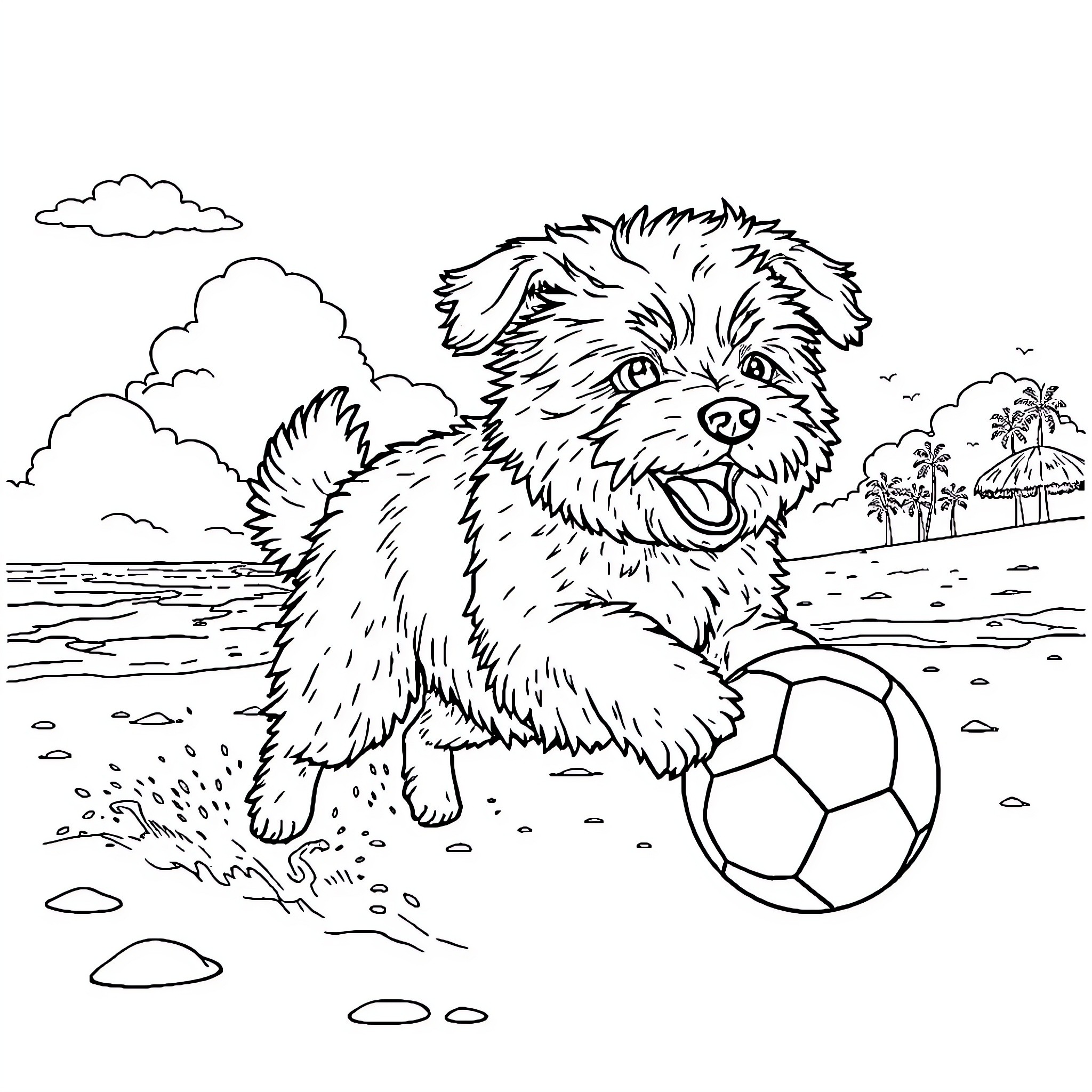 Dog playing with soccer ball on the beach Coloring Page (free black-and-white line drawing printable PDF for all, from beginners to advanced learners, including children, teens, adults, and seniors)