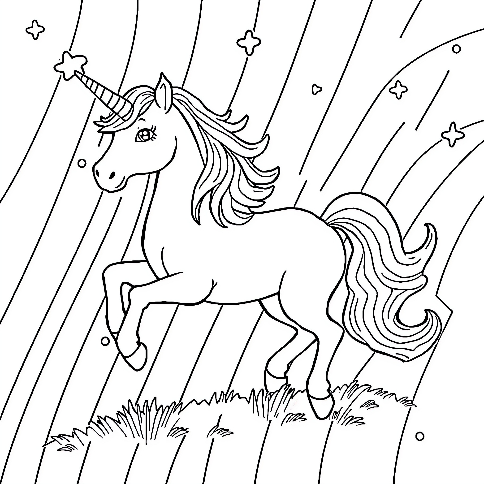 Unicorn galloping through magical starry night Coloring Page (free black-and-white line drawing printable PDF for all, from beginners to advanced learners, including children, teens, adults, and seniors)