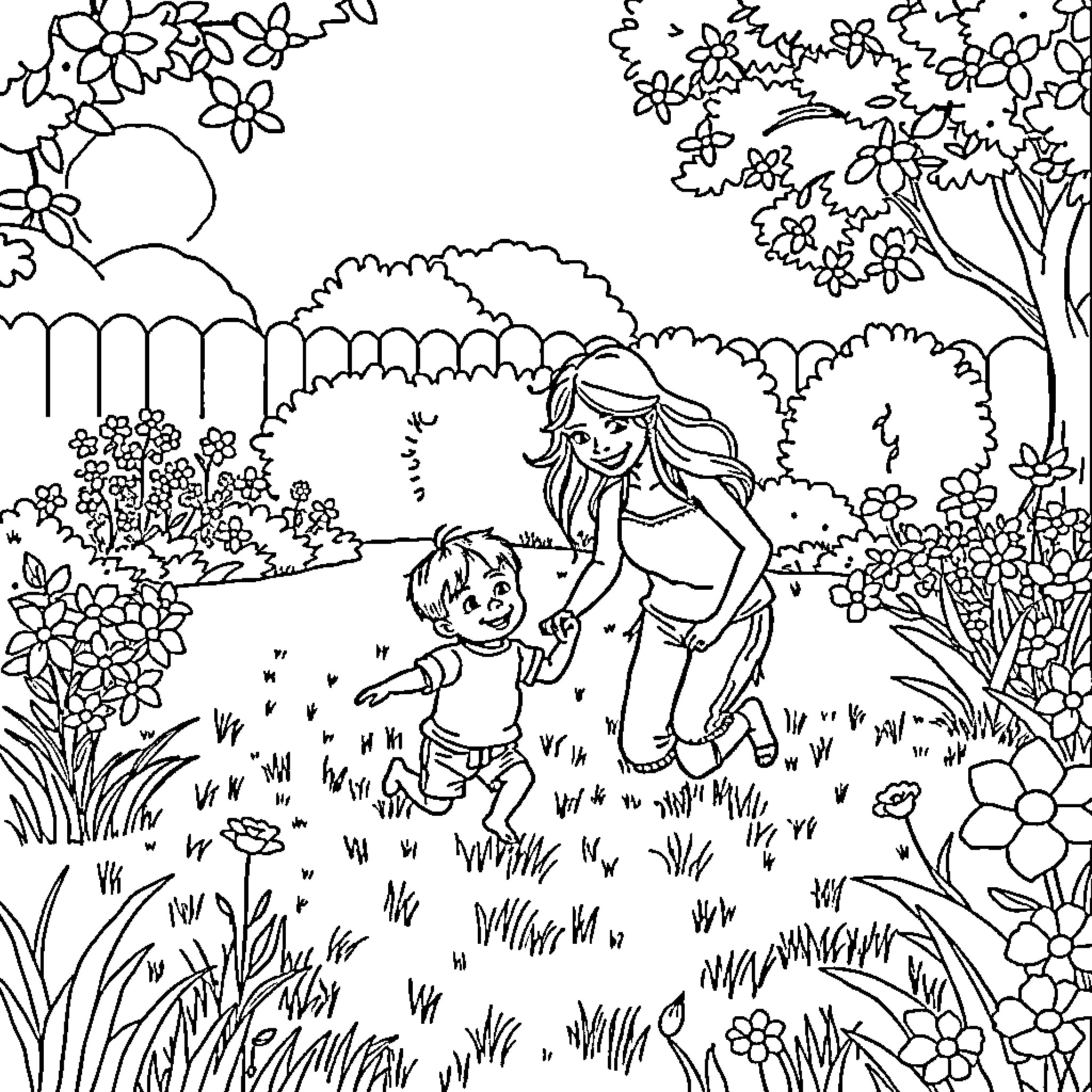 Mommy and child enjoying nature's beauty Coloring Page (free black-and-white line drawing printable PDF for all, from beginners to advanced learners, including children, teens, adults, and seniors)