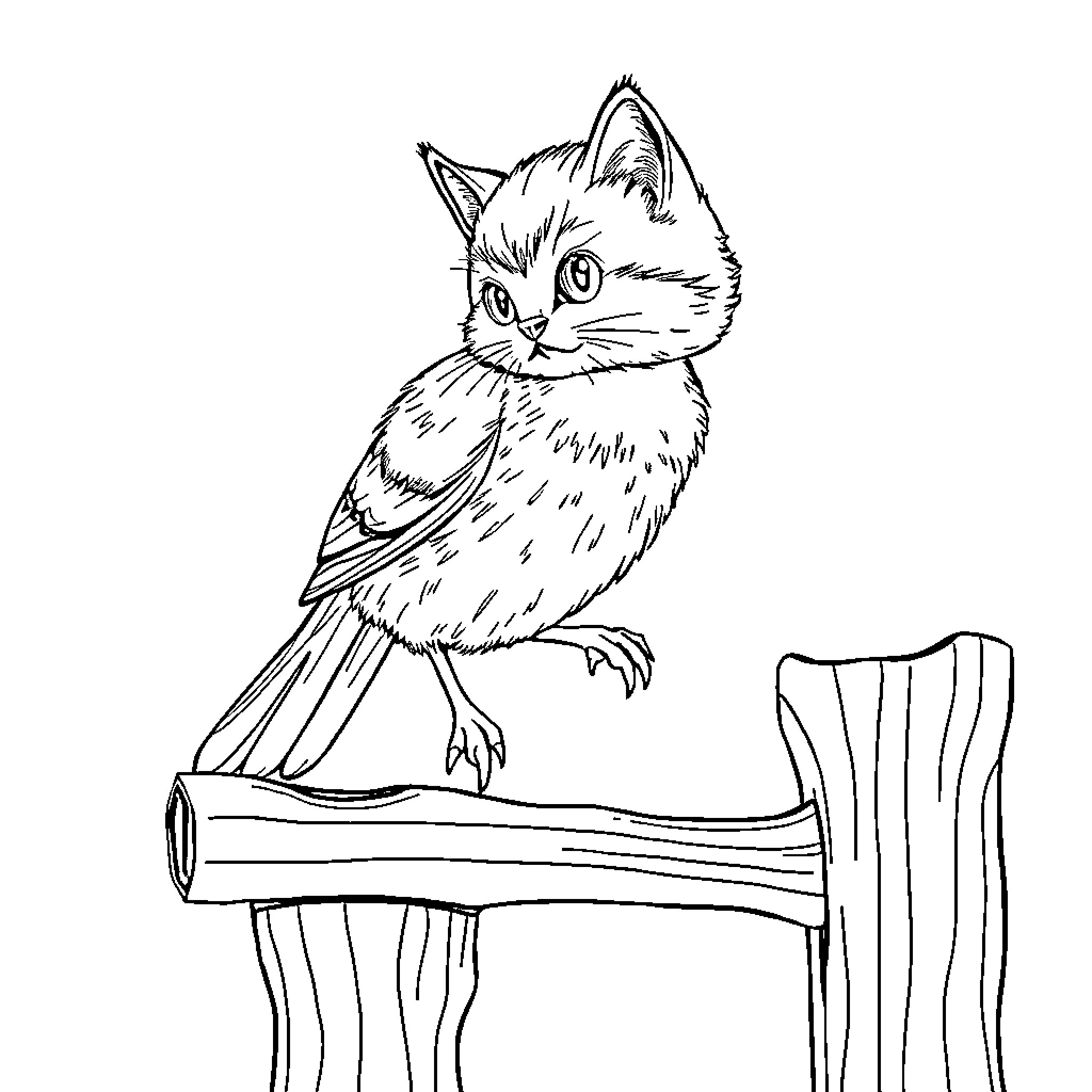 Kitten sitting on a wooden log Coloring Page (free black-and-white line drawing printable PDF for all, from beginners to advanced learners, including children, teens, adults, and seniors)