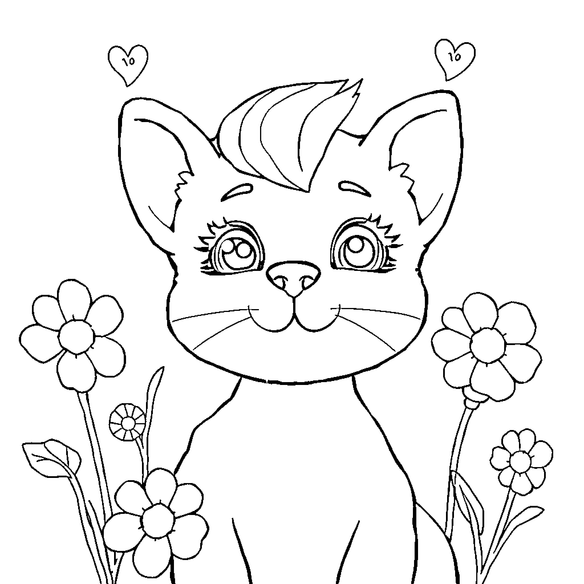 Drawing of a cute cat surrounded by flowers Coloring Page (free black-and-white line drawing printable PDF for all, from beginners to advanced learners, including children, teens, adults, and seniors)