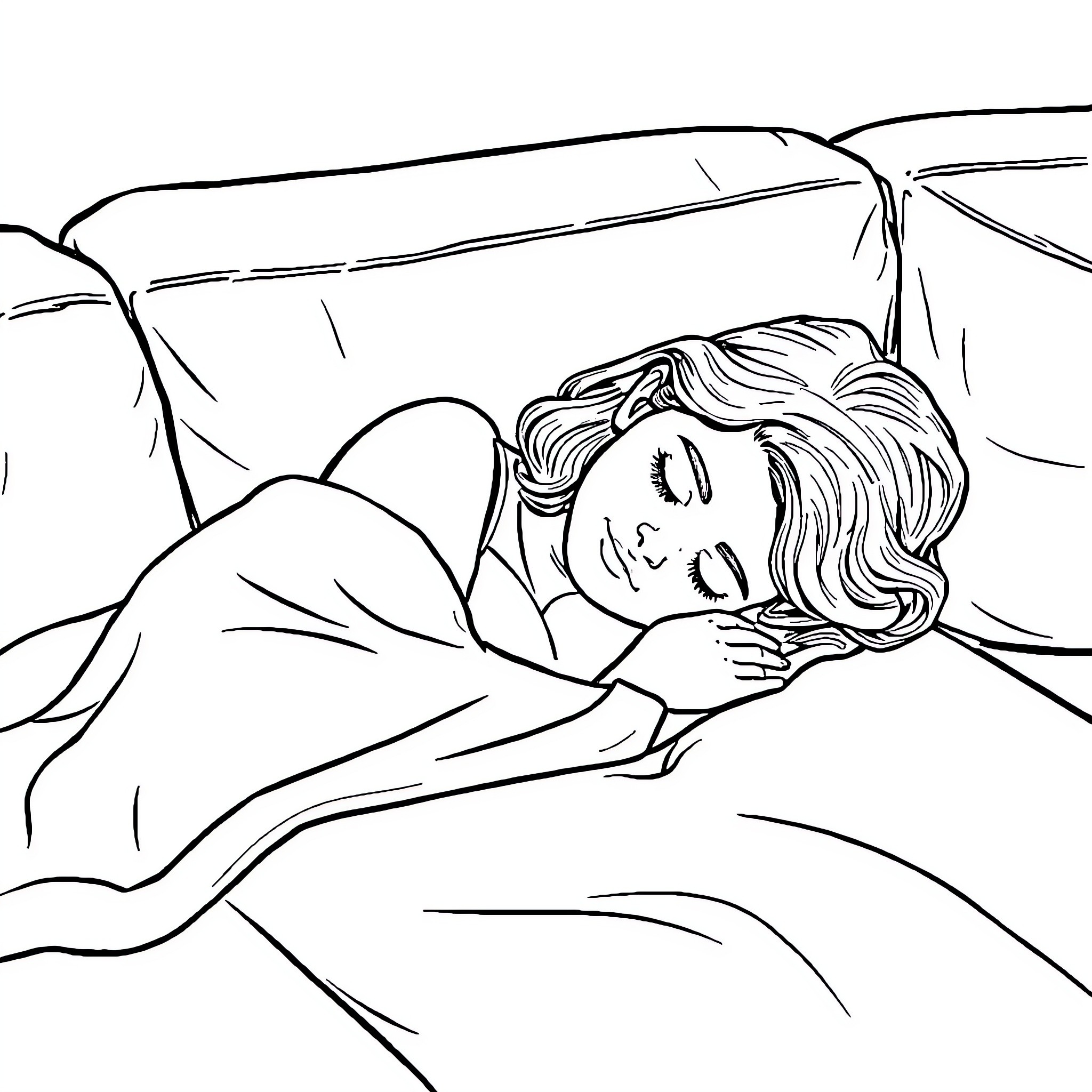 Mum resting peacefully on the bed Coloring Page (free black-and-white line drawing printable PDF for all, from beginners to advanced learners, including children, teens, adults, and seniors)