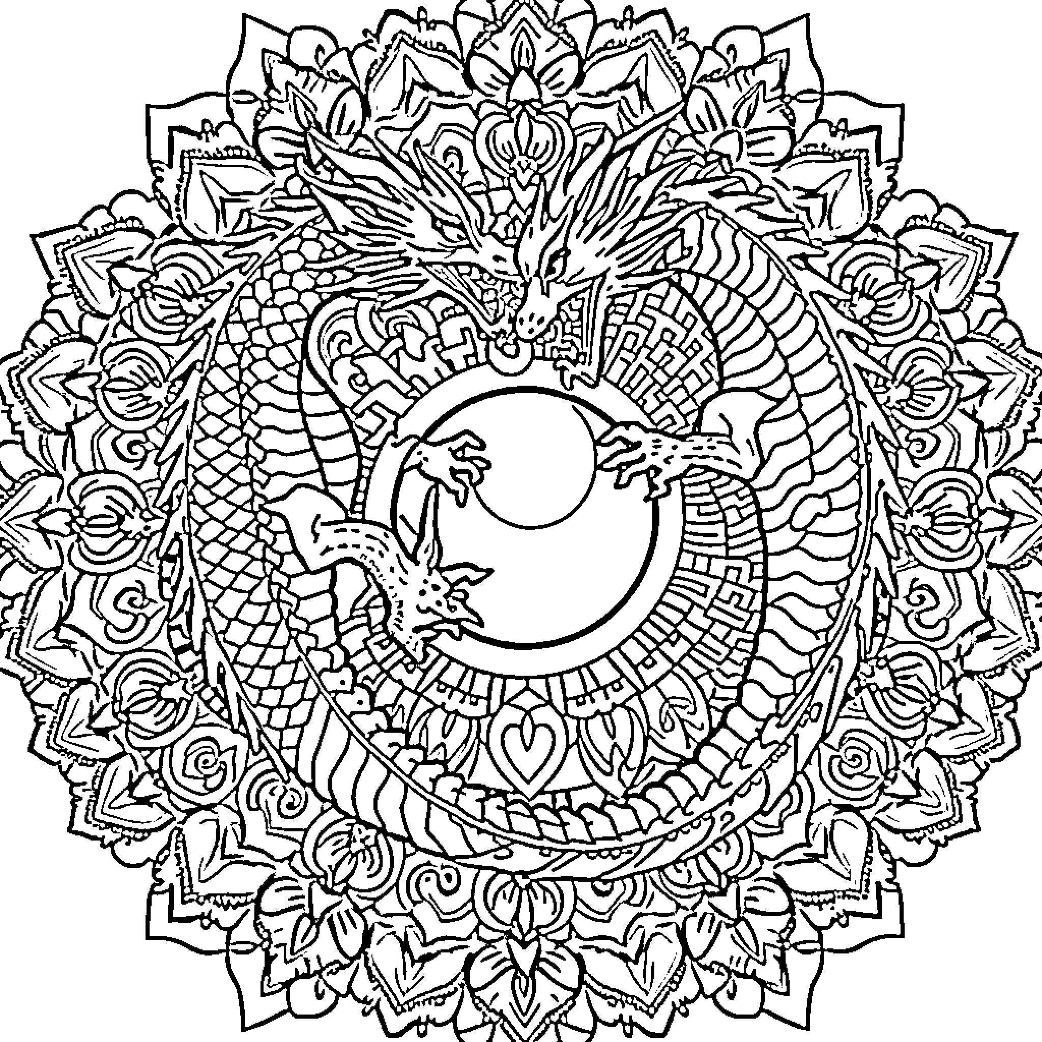 Dragon mandala with intricate floral patterns Coloring Page (free black-and-white line drawing printable PDF for all, from beginners to advanced learners, including children, teens, adults, and seniors)