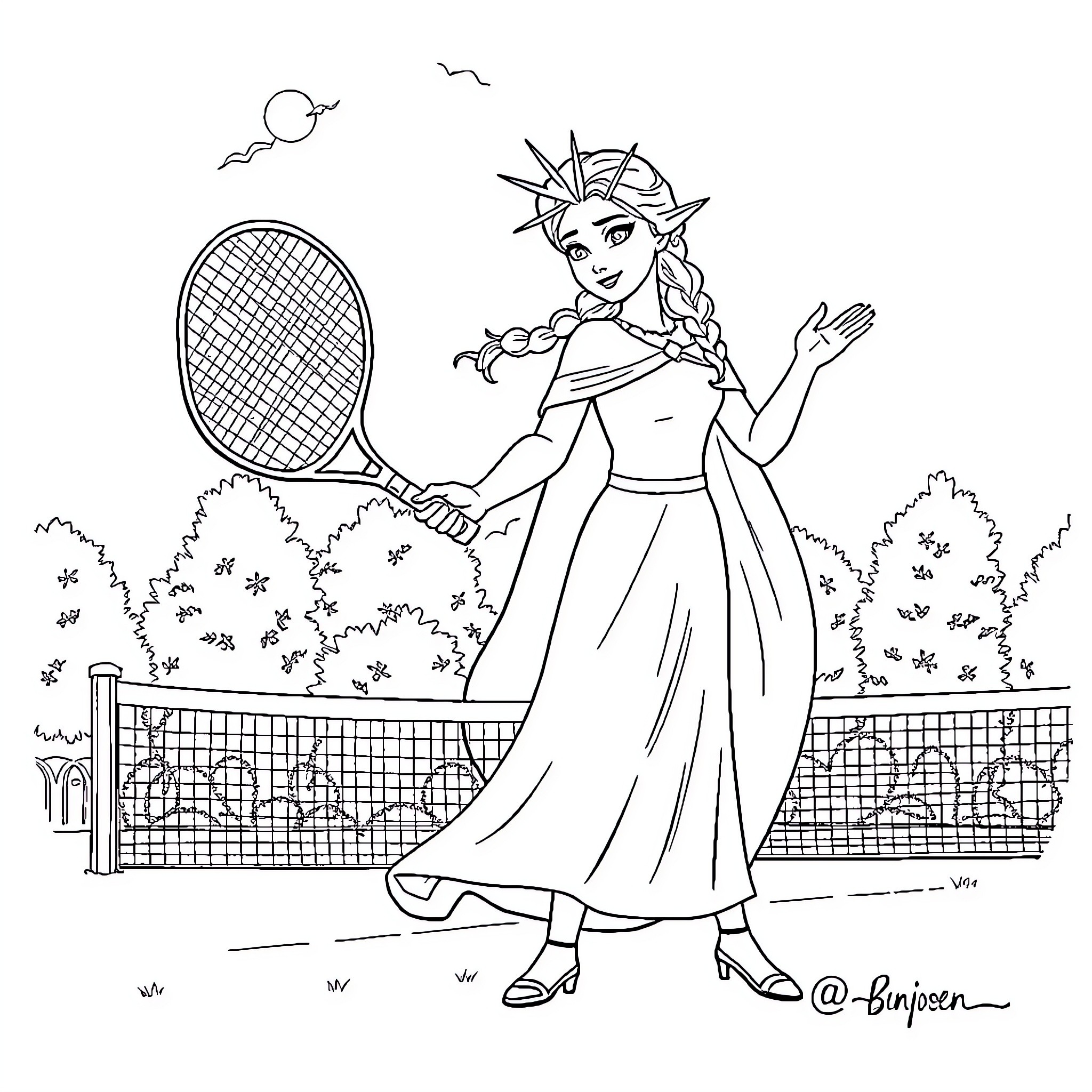 Elsa playing tennis in a regal dress Coloring Page (free black-and-white line drawing printable PDF for all, from beginners to advanced learners, including children, teens, adults, and seniors)