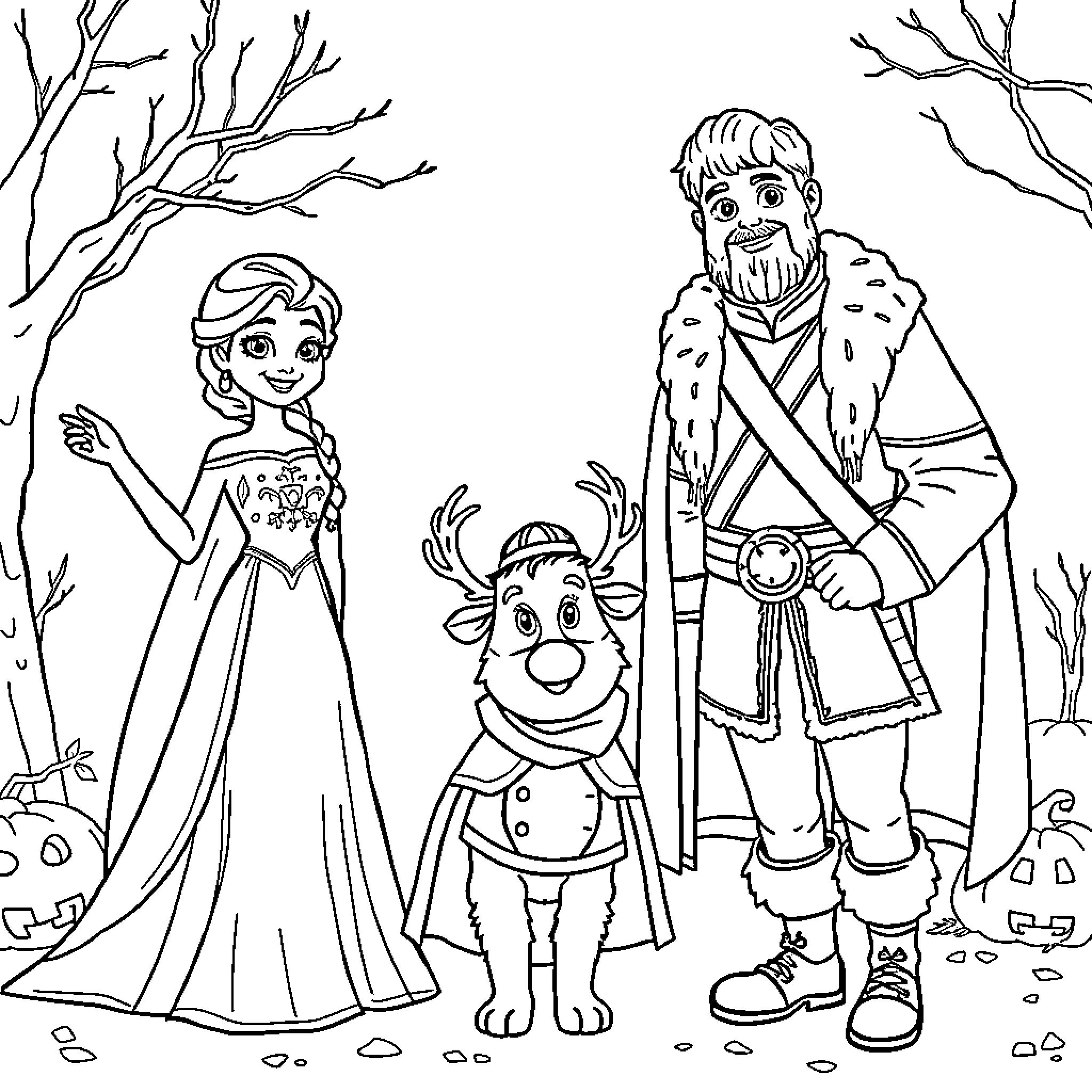 Elsa and her family explore the enchanted forest Coloring Page (free black-and-white line drawing printable PDF for all, from beginners to advanced learners, including children, teens, adults, and seniors)