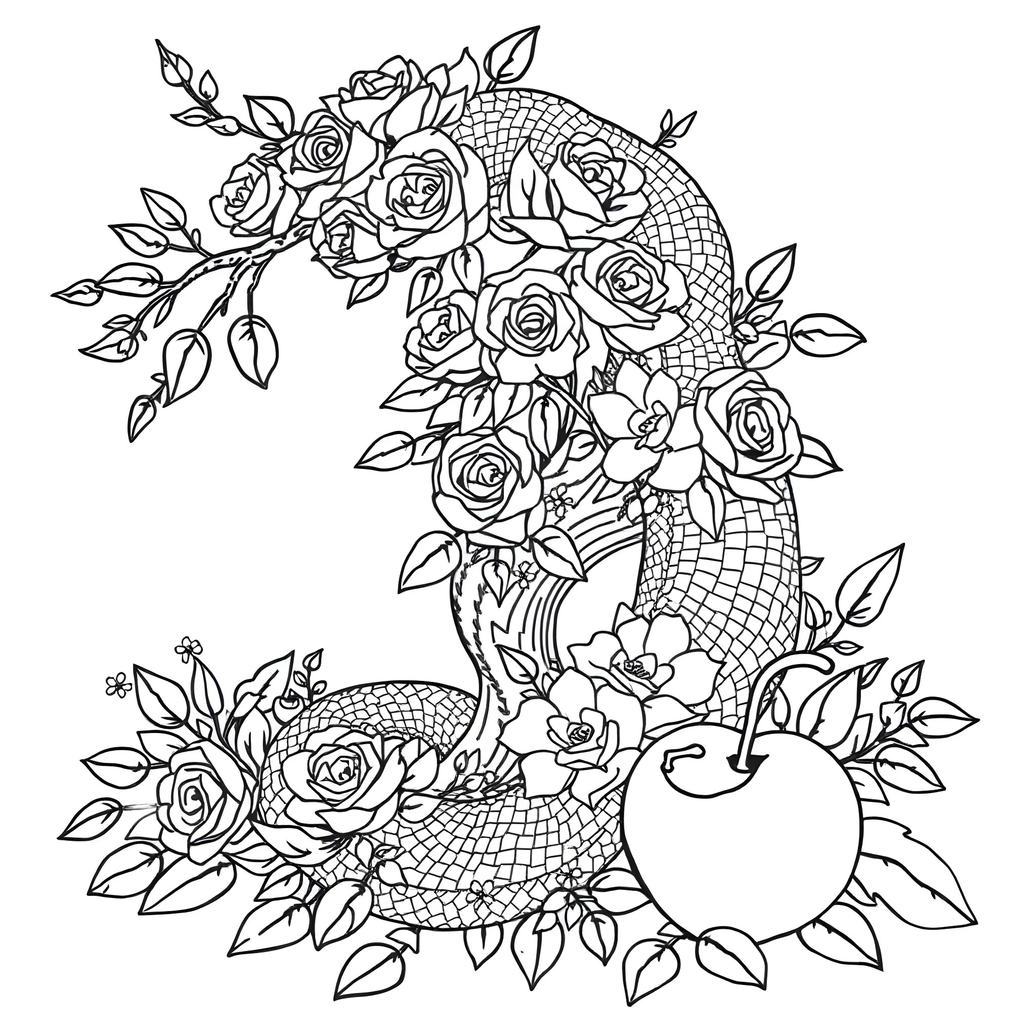 Snake entwined with roses in a floral arrangement Coloring Page (free black-and-white line drawing printable PDF for all, from beginners to advanced learners, including children, teens, adults, and seniors)