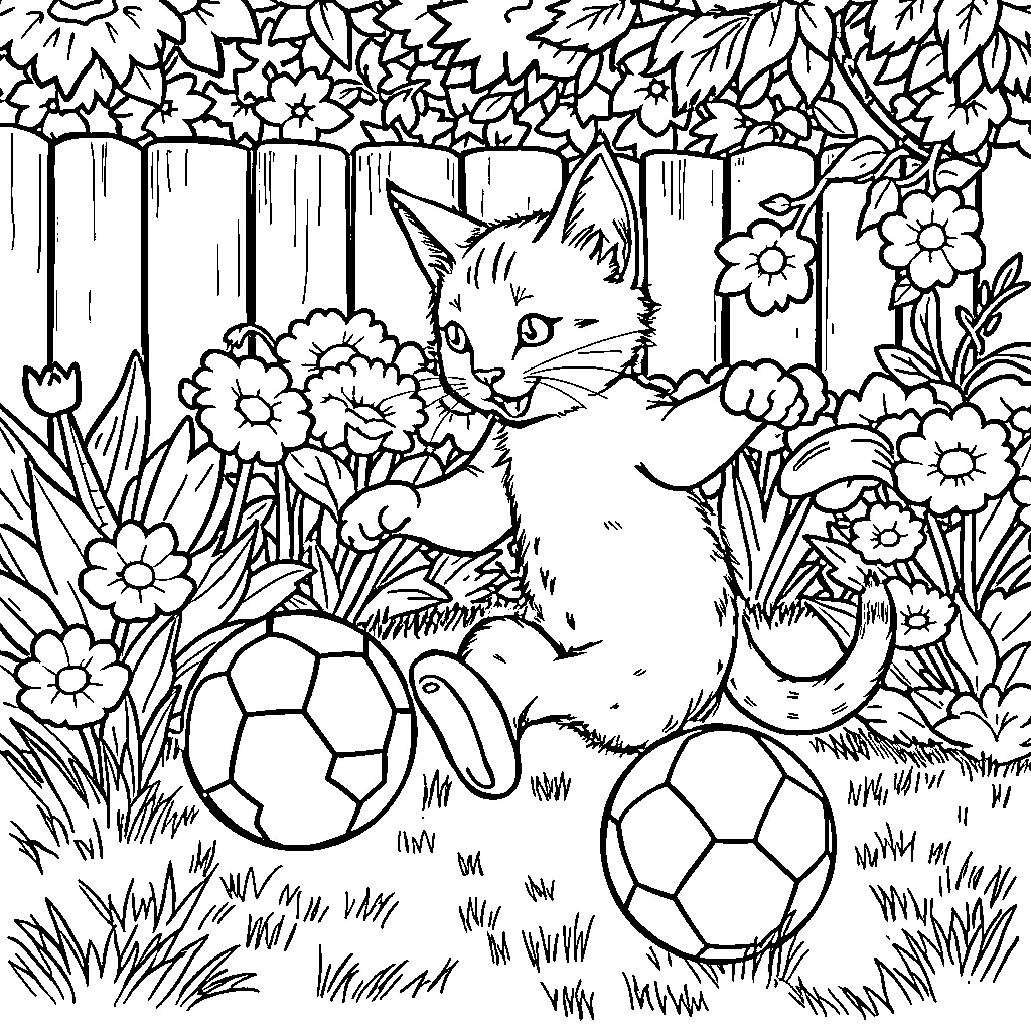 Cat playing with soccer balls in the garden Coloring Page (free black-and-white line drawing printable PDF for all, from beginners to advanced learners, including children, teens, adults, and seniors)