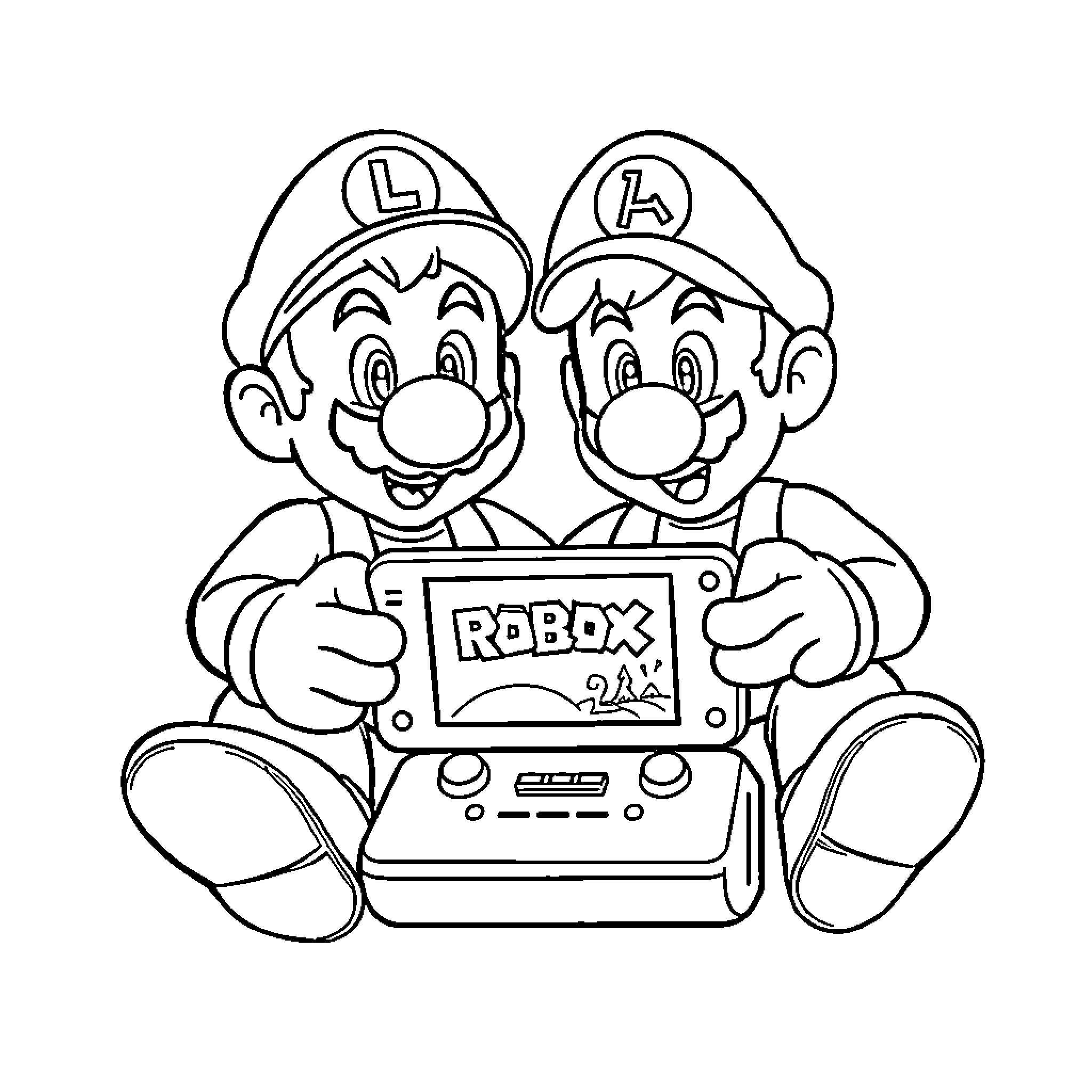 Mario and Luigi playing on the Robox gaming console Coloring Page (free black-and-white line drawing printable PDF for all, from beginners to advanced learners, including children, teens, adults, and seniors)