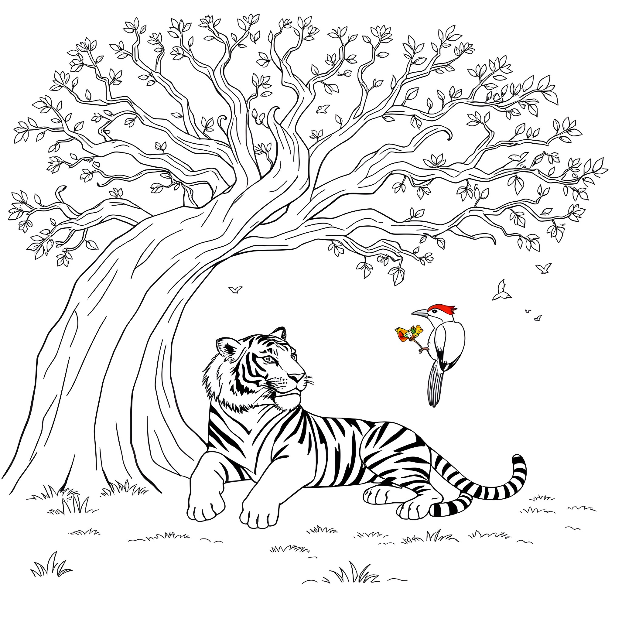 Tiger Observing Woodpecker and Butterflies in Scenic Nature Coloring Page (free black-and-white line drawing printable PDF for all, from beginners to advanced learners, including children, teens, adults, and seniors)