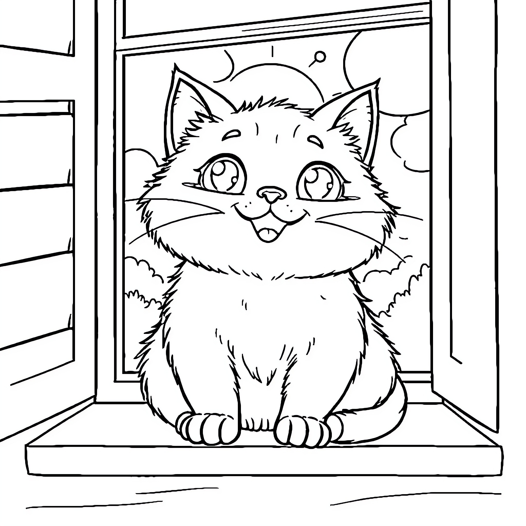 Cat peering curiously through window Coloring Page (free black-and-white line drawing printable PDF for all, from beginners to advanced learners, including children, teens, adults, and seniors)