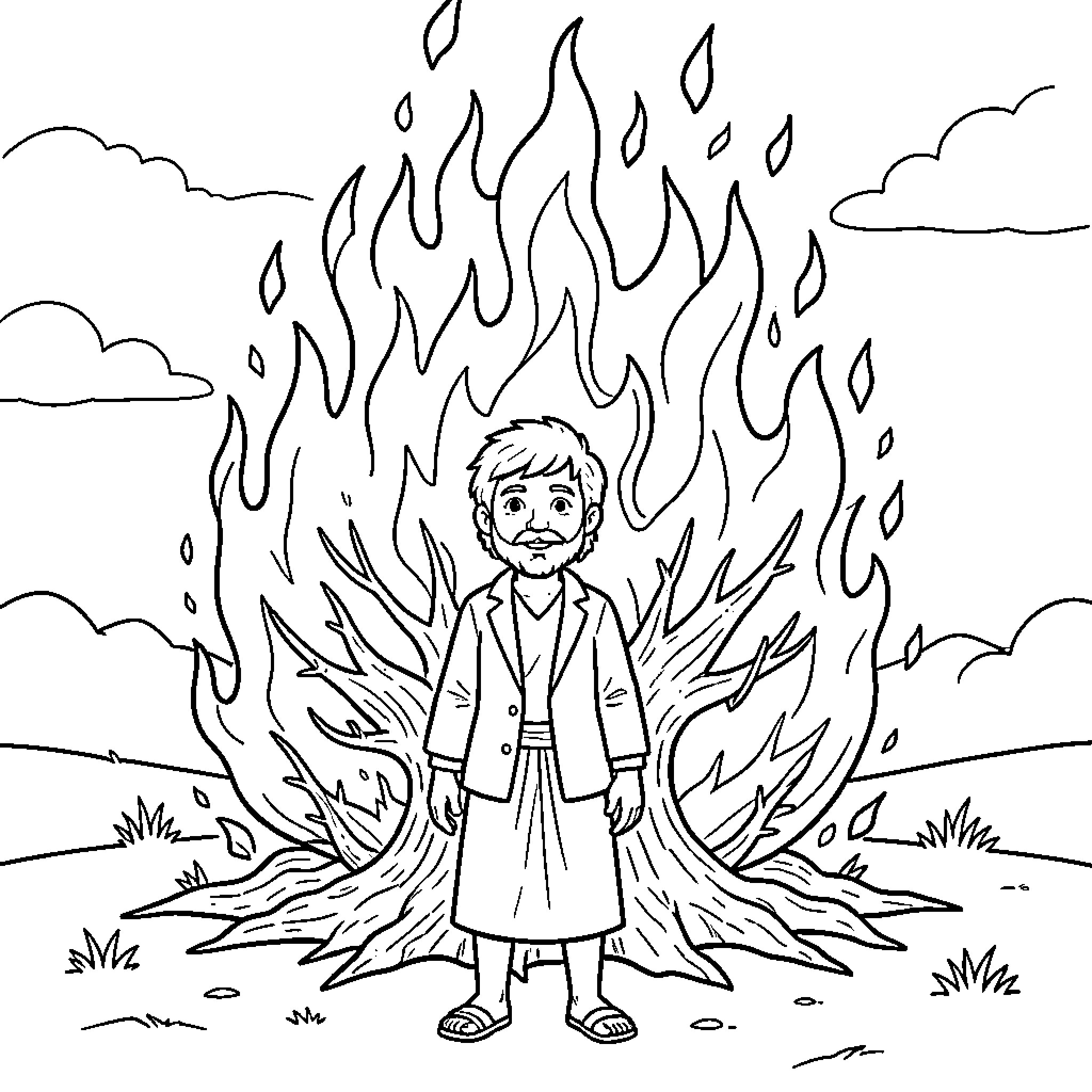 Moses standing calmly before a large burning bush Coloring Page (free black-and-white line drawing printable PDF for all, from beginners to advanced learners, including children, teens, adults, and seniors)