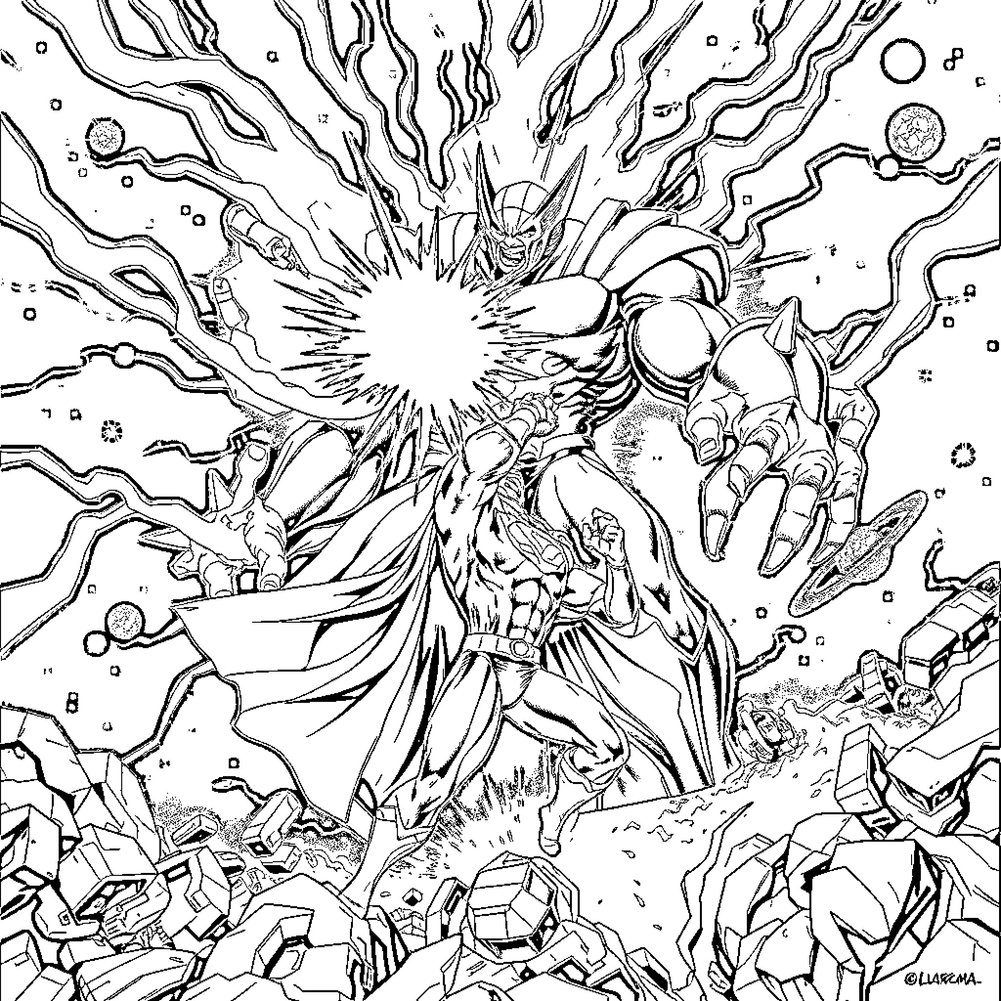 Galactus, the Devourer of Worlds, unleashes his cosmic power Coloring Page (free black-and-white line drawing printable PDF for all, from beginners to advanced learners, including children, teens, adults, and seniors)