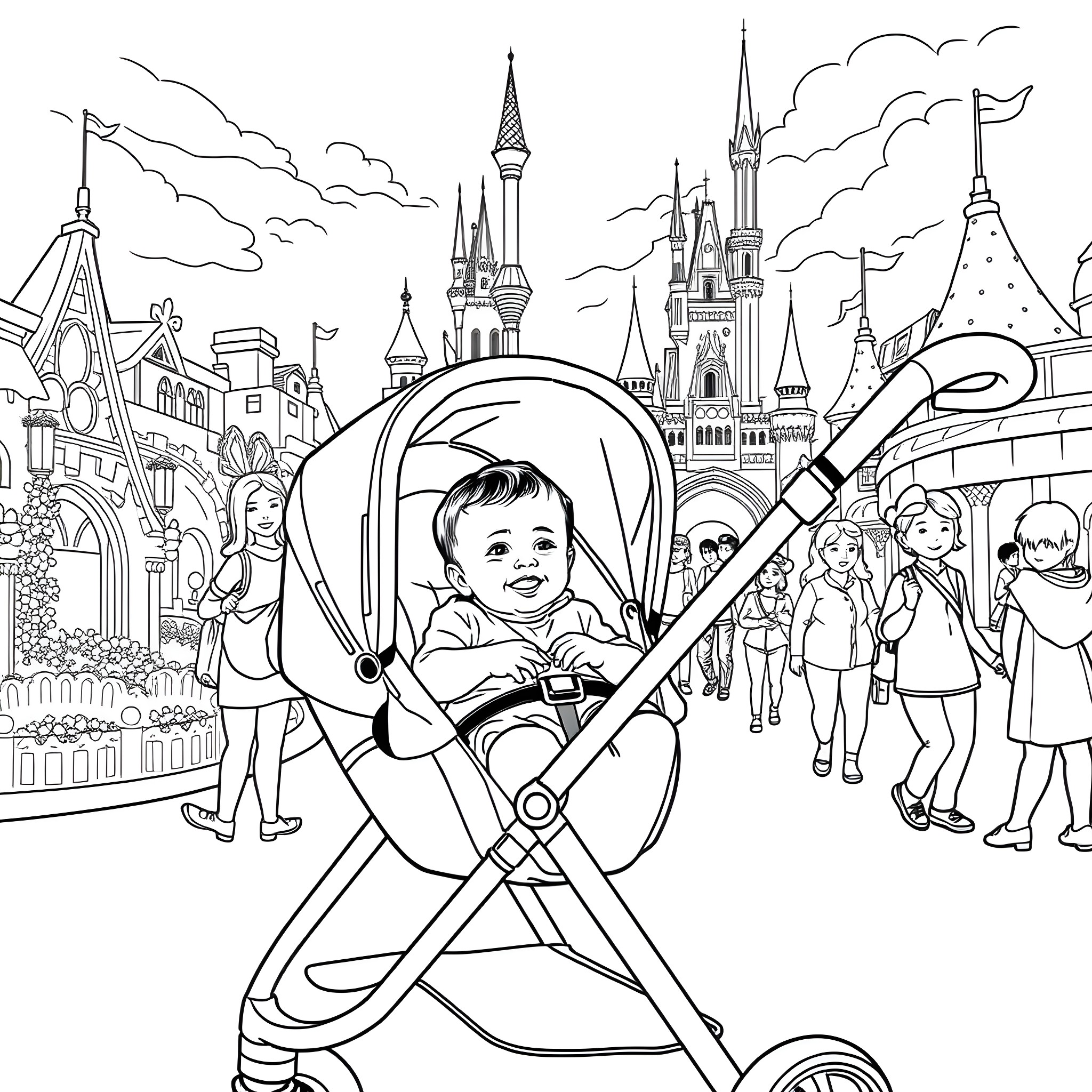 Boy in Stroller at Magical Kingdom Coloring Page (free black-and-white line drawing printable PDF for all, from beginners to advanced learners, including children, teens, adults, and seniors)