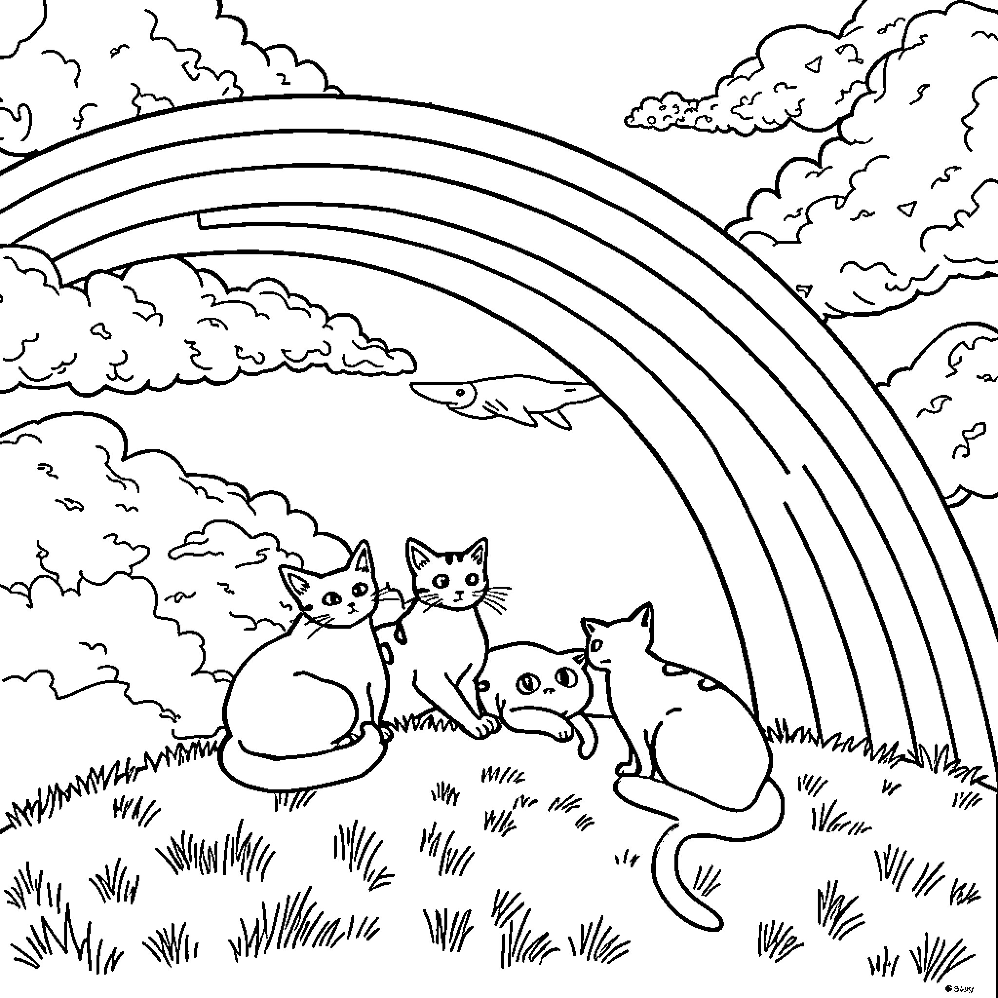 Rainbow of Playful Cats in a Cloudy Landscape Coloring Page (free black-and-white line drawing printable PDF for all, from beginners to advanced learners, including children, teens, adults, and seniors)