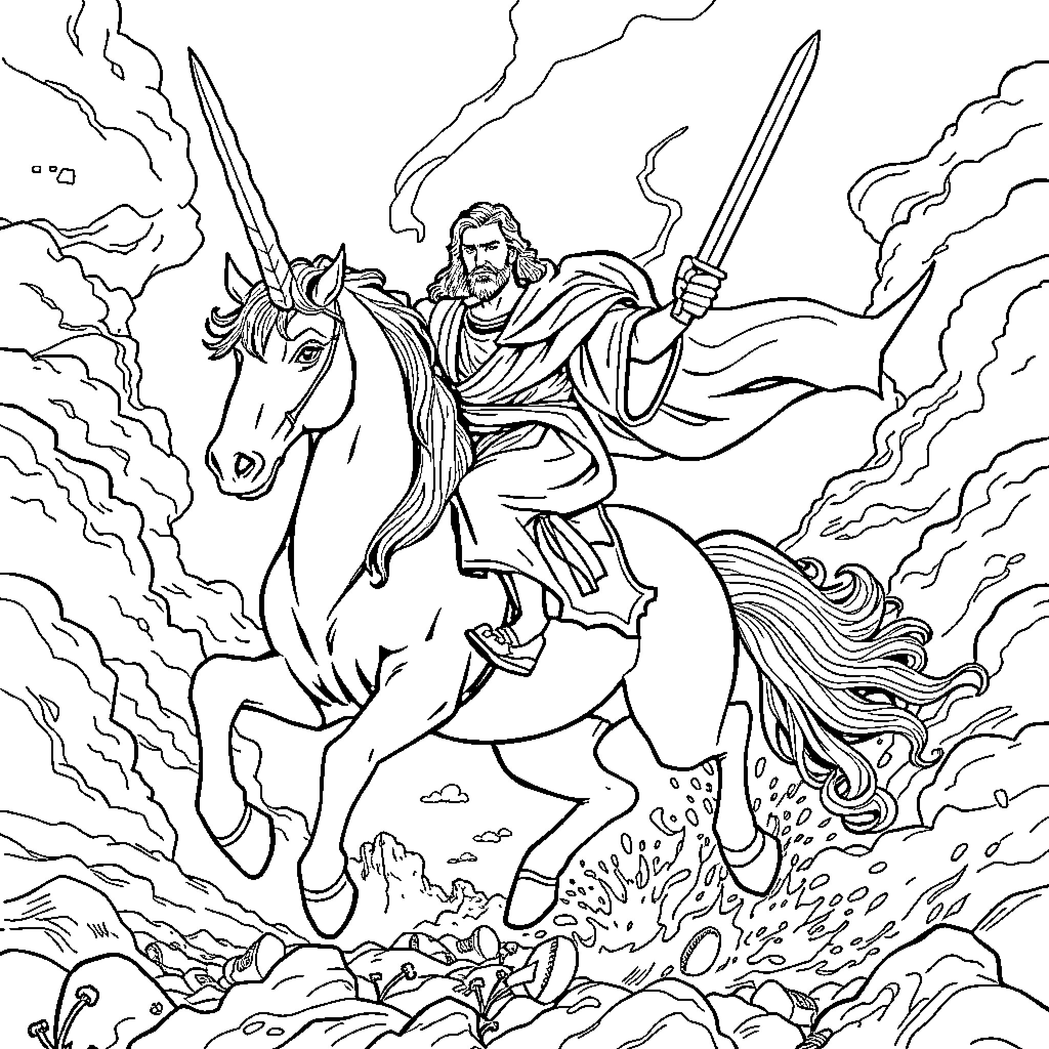 Jesus Riding a Majestic Horse in a Storm Coloring Page (free black-and-white line drawing printable PDF for all, from beginners to advanced learners, including children, teens, adults, and seniors)