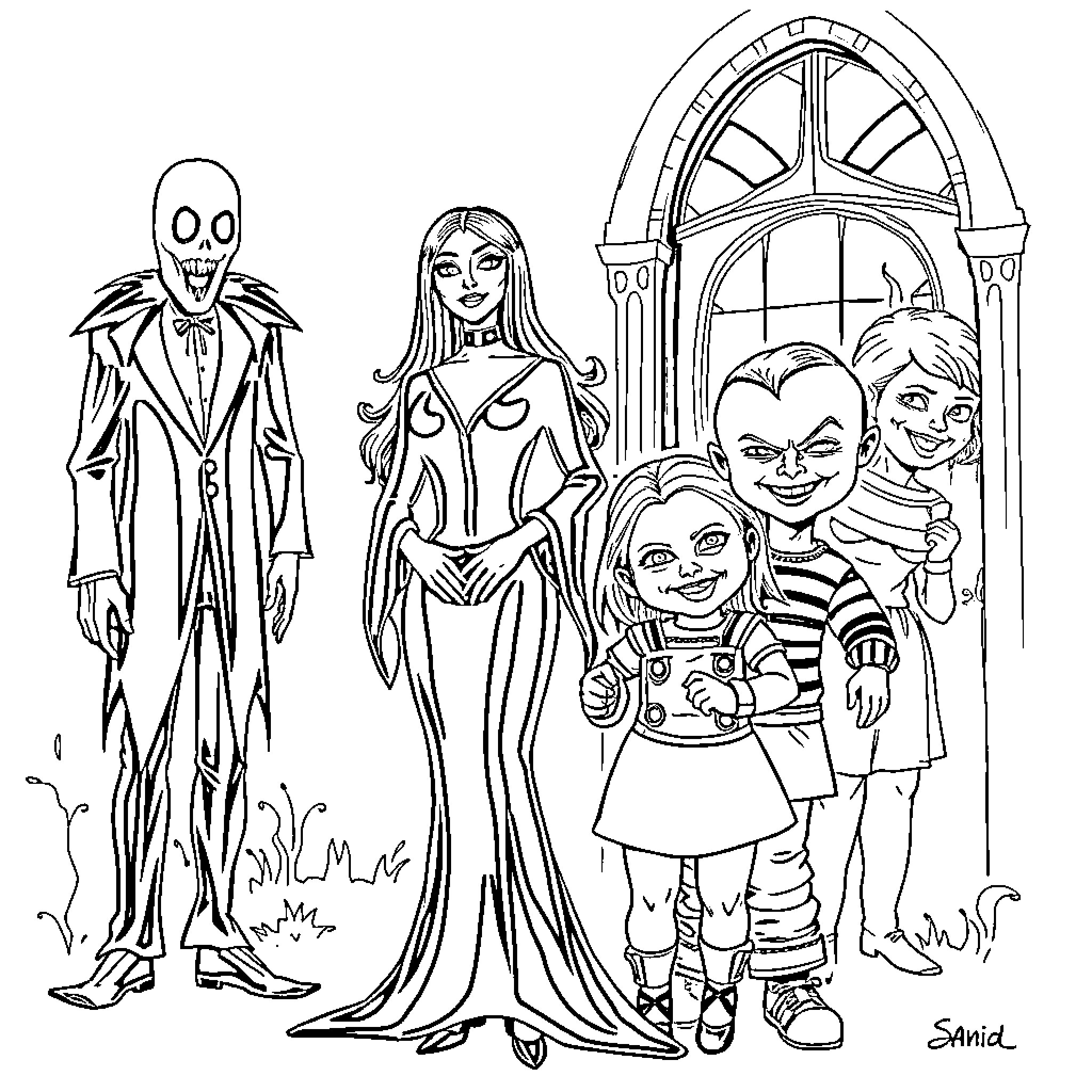 Morticia's Spooky Family Gathering in the Haunted Manor Coloring Page (free black-and-white line drawing printable PDF for all, from beginners to advanced learners, including children, teens, adults, and seniors)