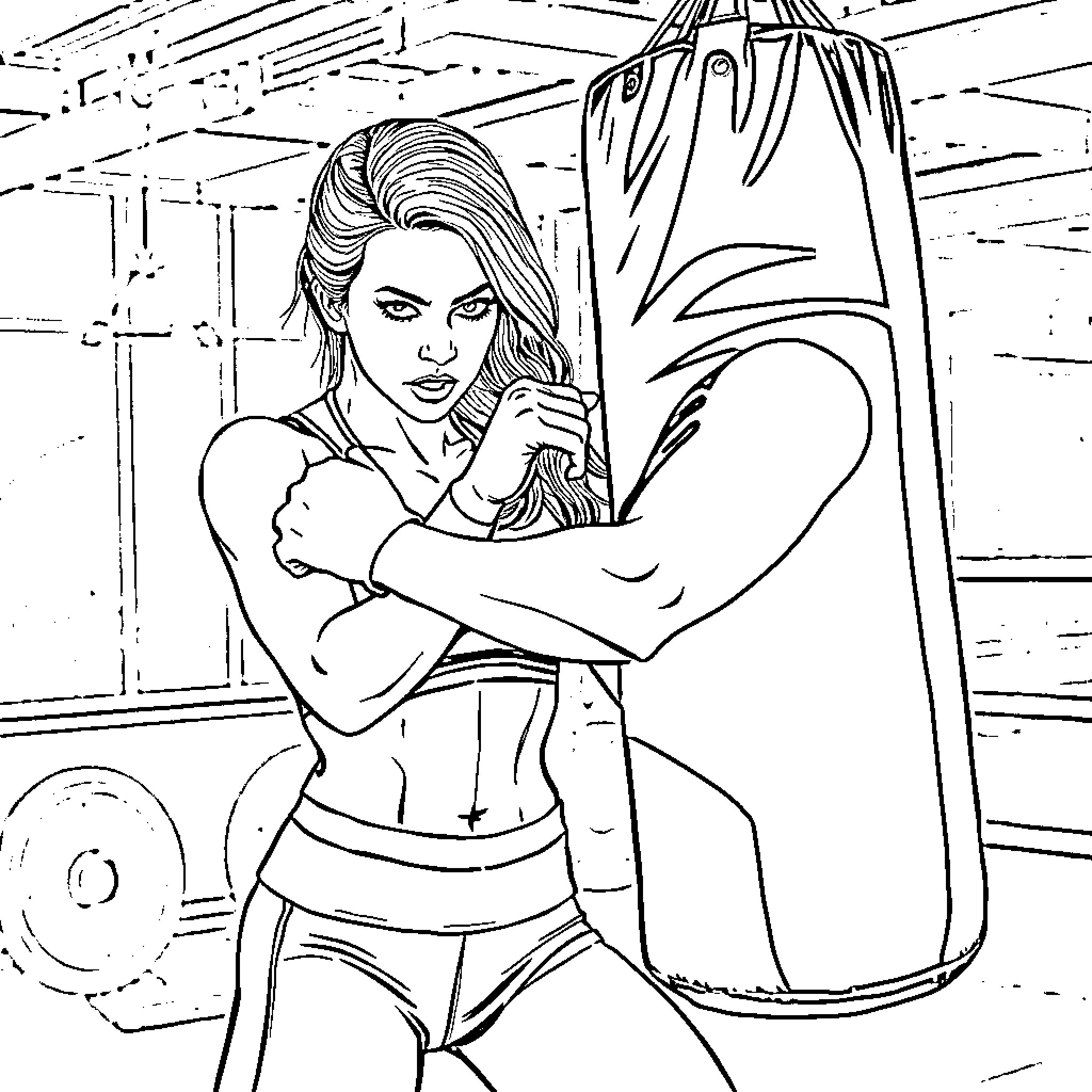 Mila Kunis training intensely in a boxing gym Coloring Page (free black-and-white line drawing printable PDF for all, from beginners to advanced learners, including children, teens, adults, and seniors)