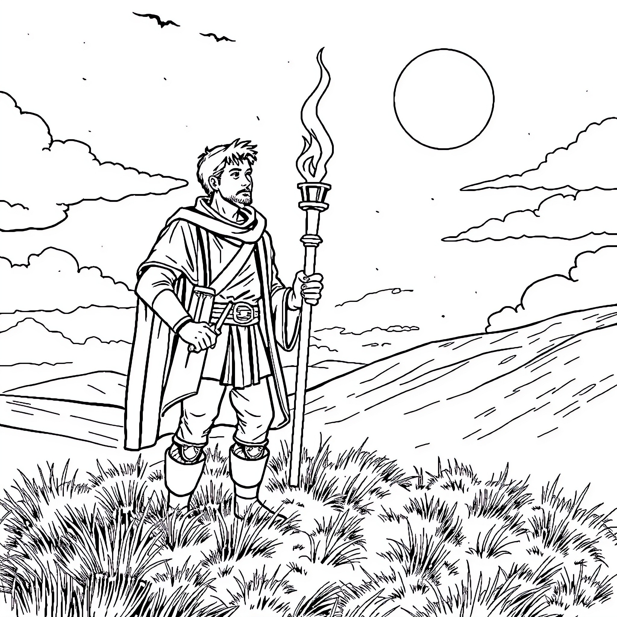 Clancy's Heroic Journey in the Wilderness Coloring Page (free black-and-white line drawing printable PDF for all, from beginners to advanced learners, including children, teens, adults, and seniors)