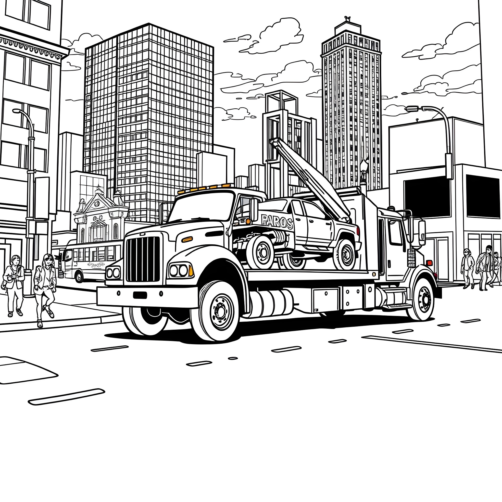 Tow Truck Assisting Stranded Motorist in Urban Cityscape Coloring Page (free black-and-white line drawing printable PDF for all, from beginners to advanced learners, including children, teens, adults, and seniors)