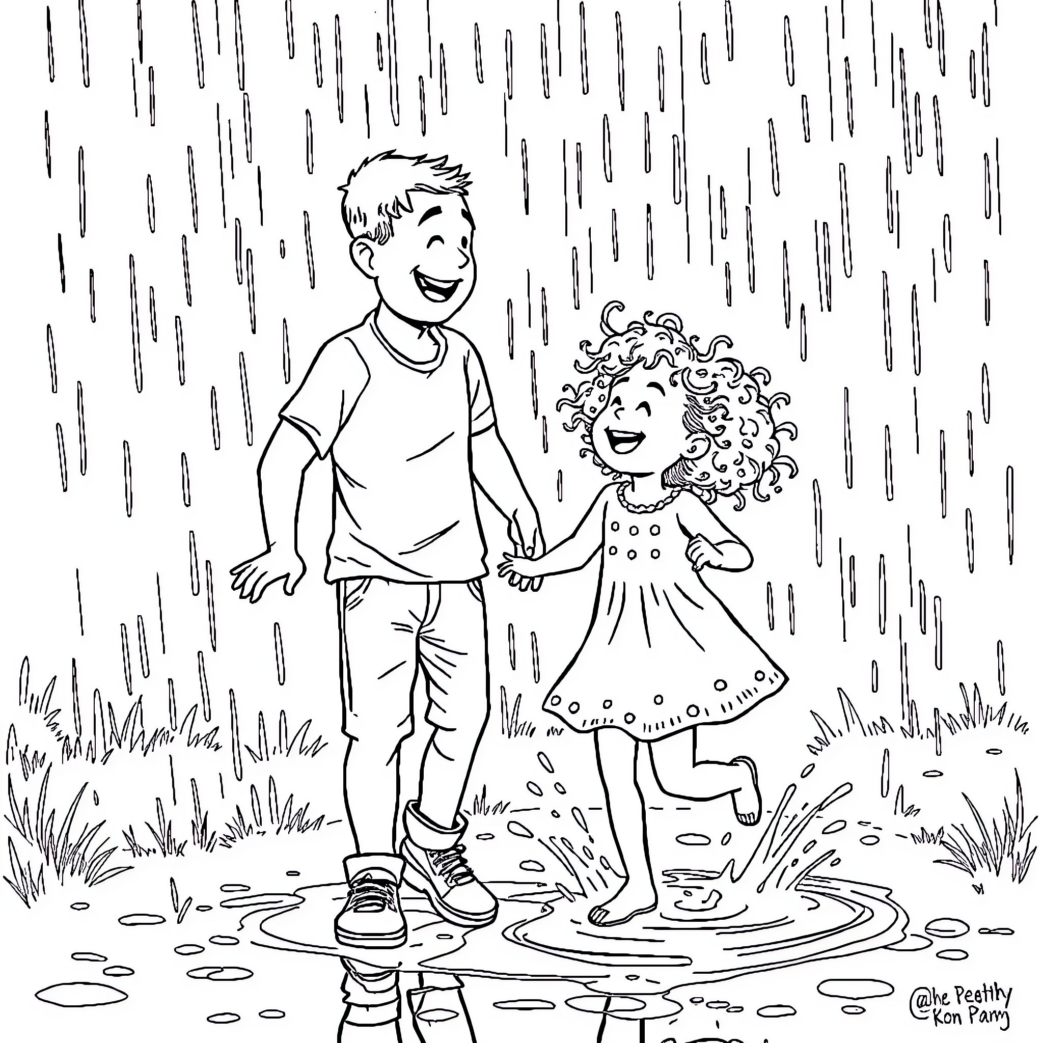 Father and daughter playing in the rain Coloring Page (free black-and-white line drawing printable PDF for all, from beginners to advanced learners, including children, teens, adults, and seniors)