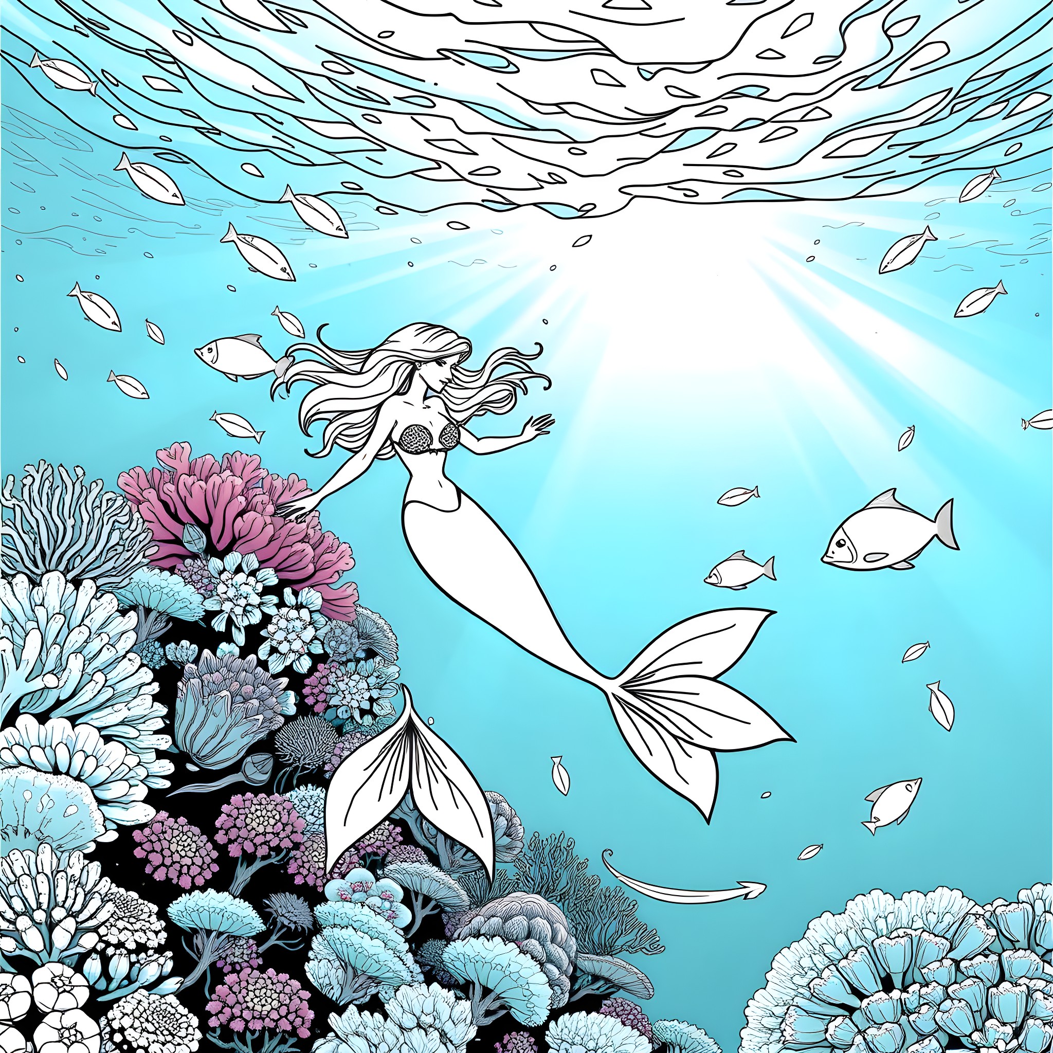 Mermaid swimming gracefully in the vibrant underwater world Coloring Page (free black-and-white line drawing printable PDF for all, from beginners to advanced learners, including children, teens, adults, and seniors)