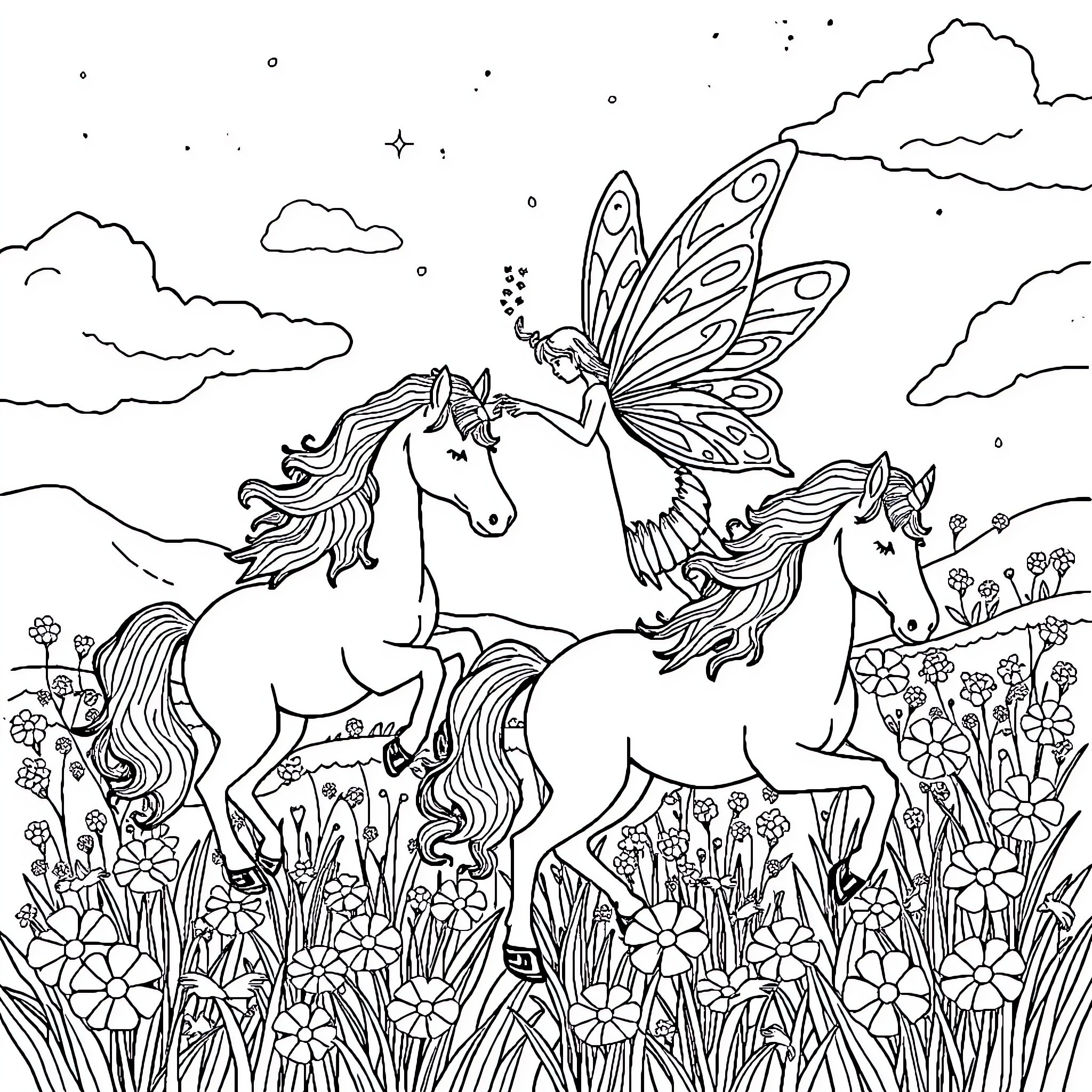 Fairy riding magical unicorns in enchanted meadow Coloring Page (free black-and-white line drawing printable PDF for all, from beginners to advanced learners, including children, teens, adults, and seniors)