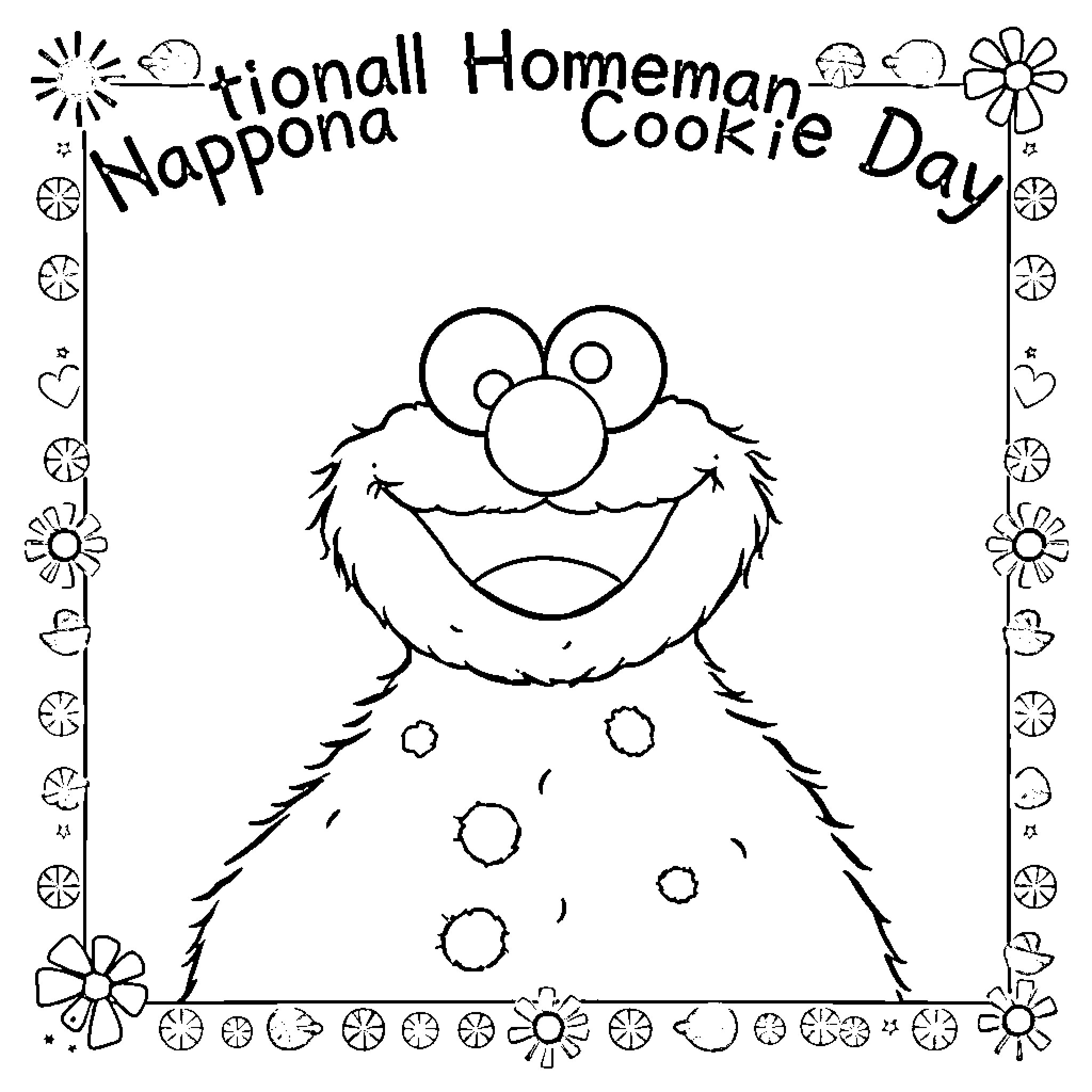 Cookie Monster celebrates National Homemade Cookie Day Coloring Page (free black-and-white line drawing printable PDF for all, from beginners to advanced learners, including children, teens, adults, and seniors)