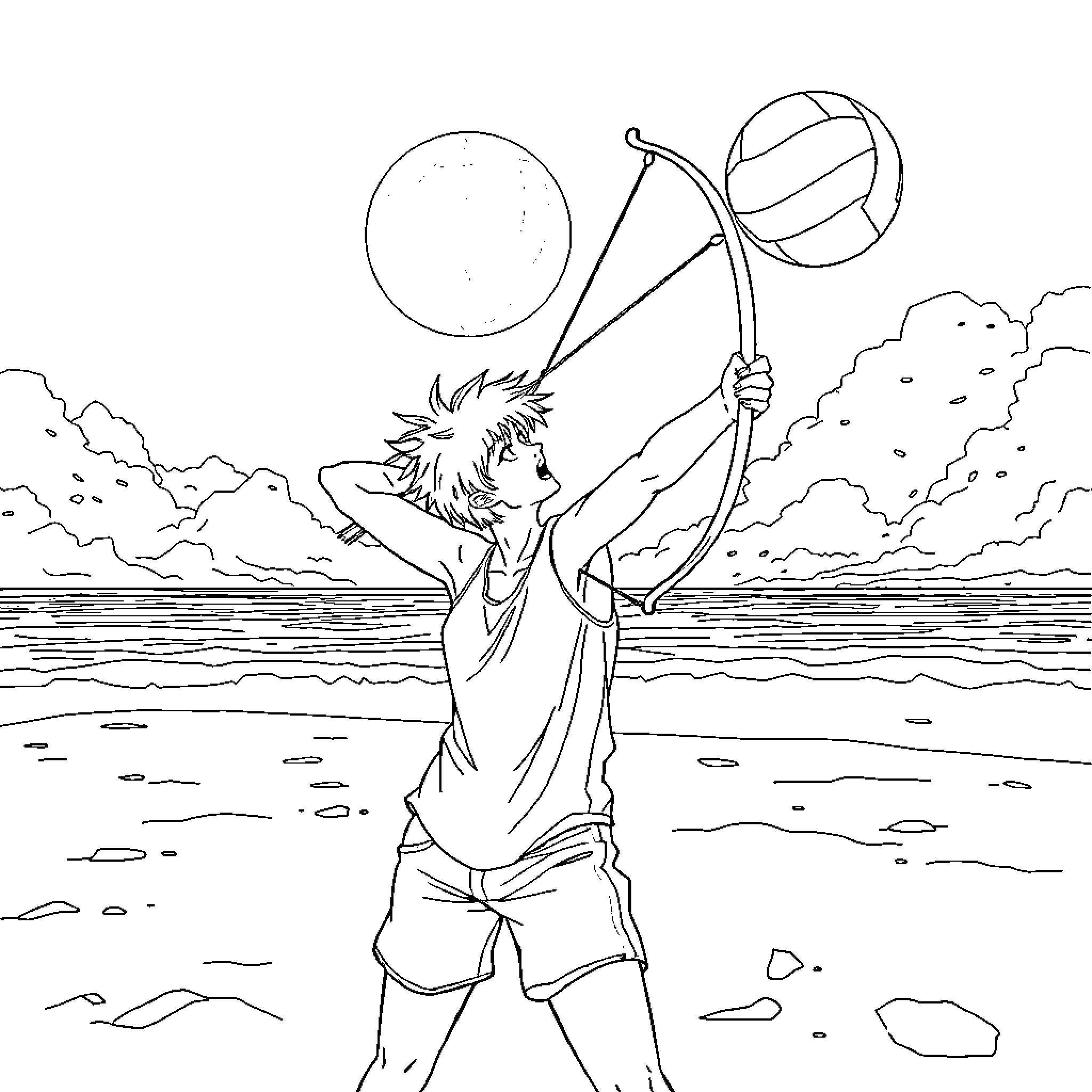 Archer aiming arrow at the sky on the beach Coloring Page (free black-and-white line drawing printable PDF for all, from beginners to advanced learners, including children, teens, adults, and seniors)