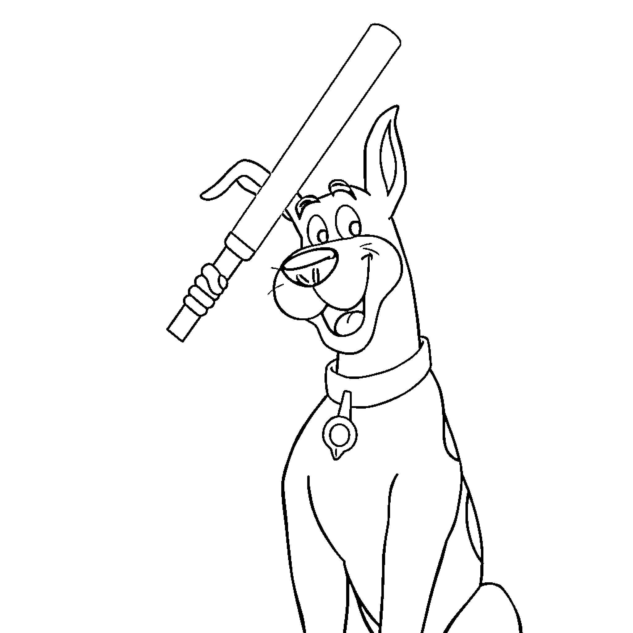 Scooby Doo wielding a baseball bat with a happy expression Coloring Page (free black-and-white line drawing printable PDF for all, from beginners to advanced learners, including children, teens, adults, and seniors)