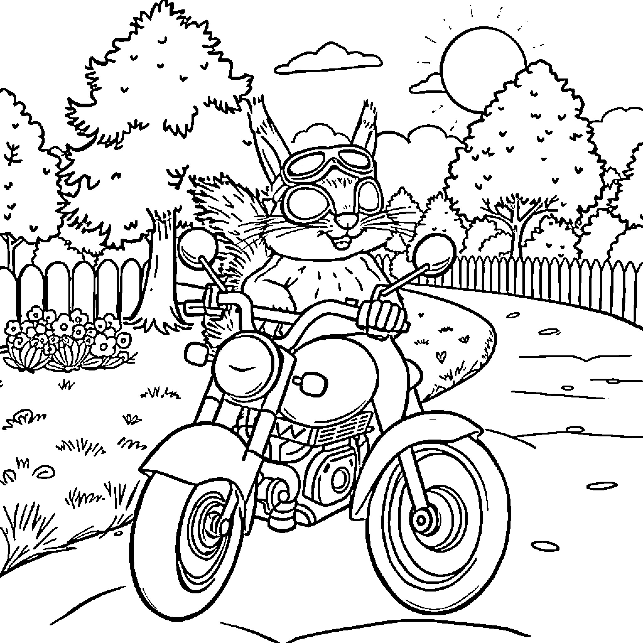 Squirrel riding a motorcycle in a scenic outdoors Coloring Page (free black-and-white line drawing printable PDF for all, from beginners to advanced learners, including children, teens, adults, and seniors)