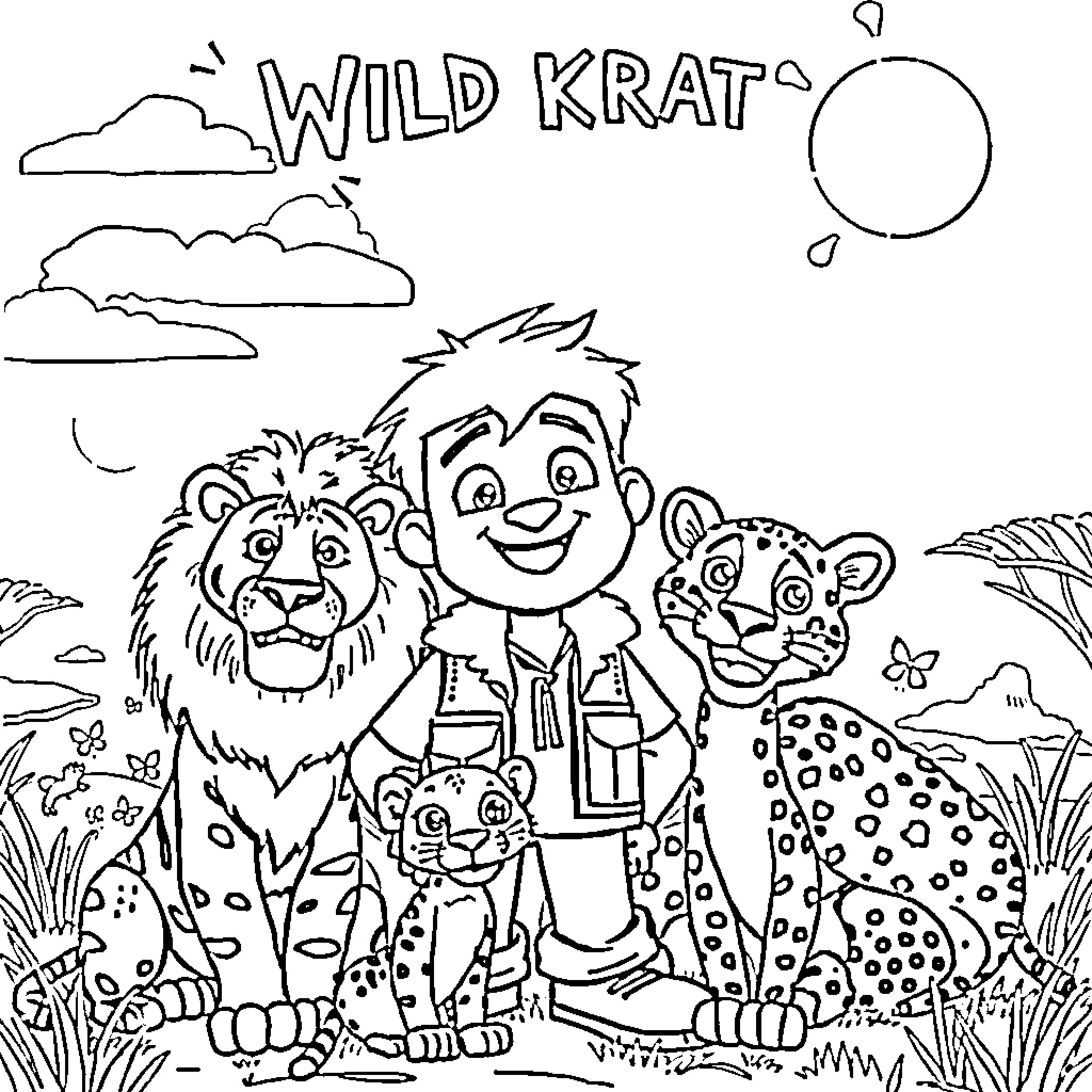 Chris explores the wild with animal friends Coloring Page (free black-and-white line drawing printable PDF for all, from beginners to advanced learners, including children, teens, adults, and seniors)