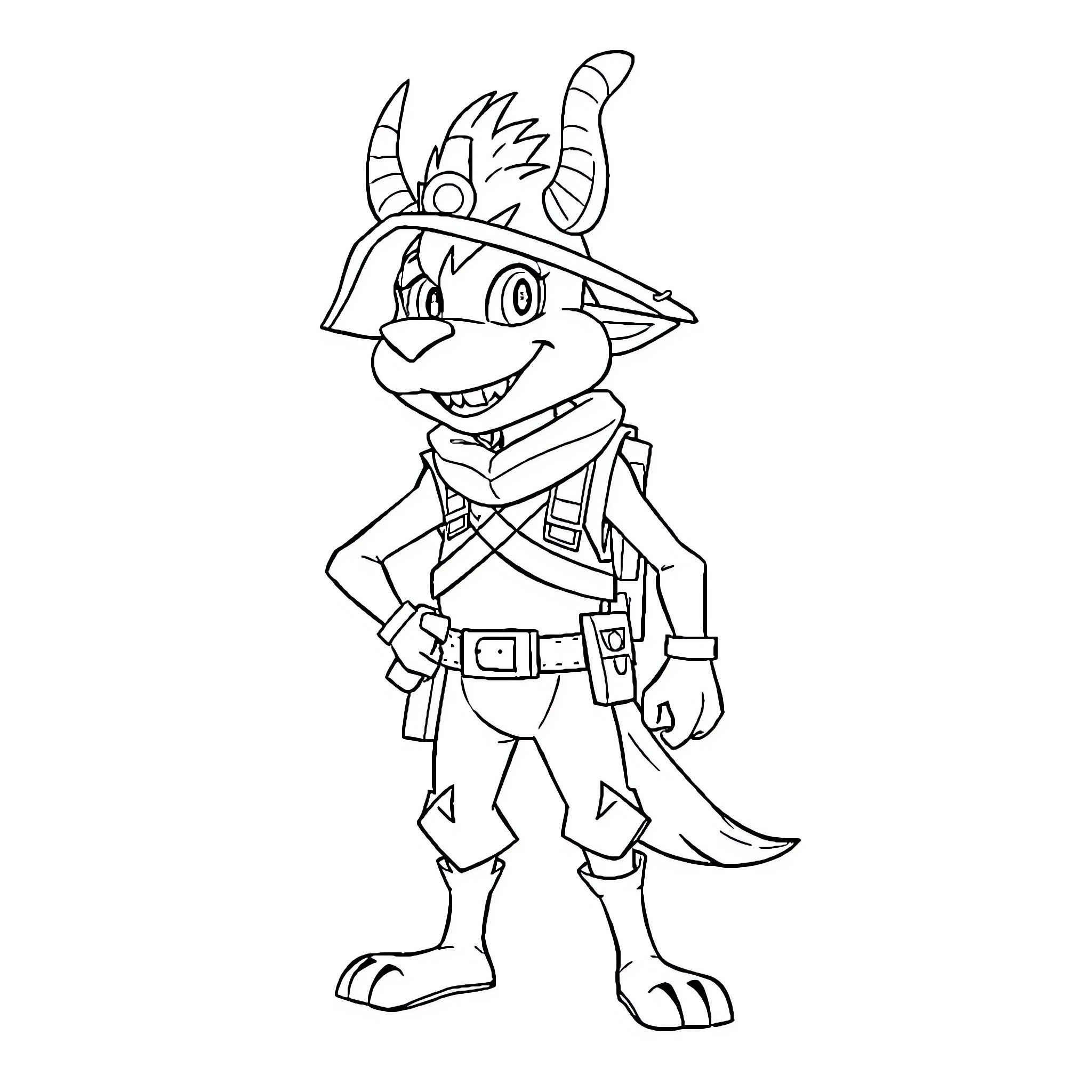 Polemon the Adventurous Explorer Coloring Page (free black-and-white line drawing printable PDF for all, from beginners to advanced learners, including children, teens, adults, and seniors)