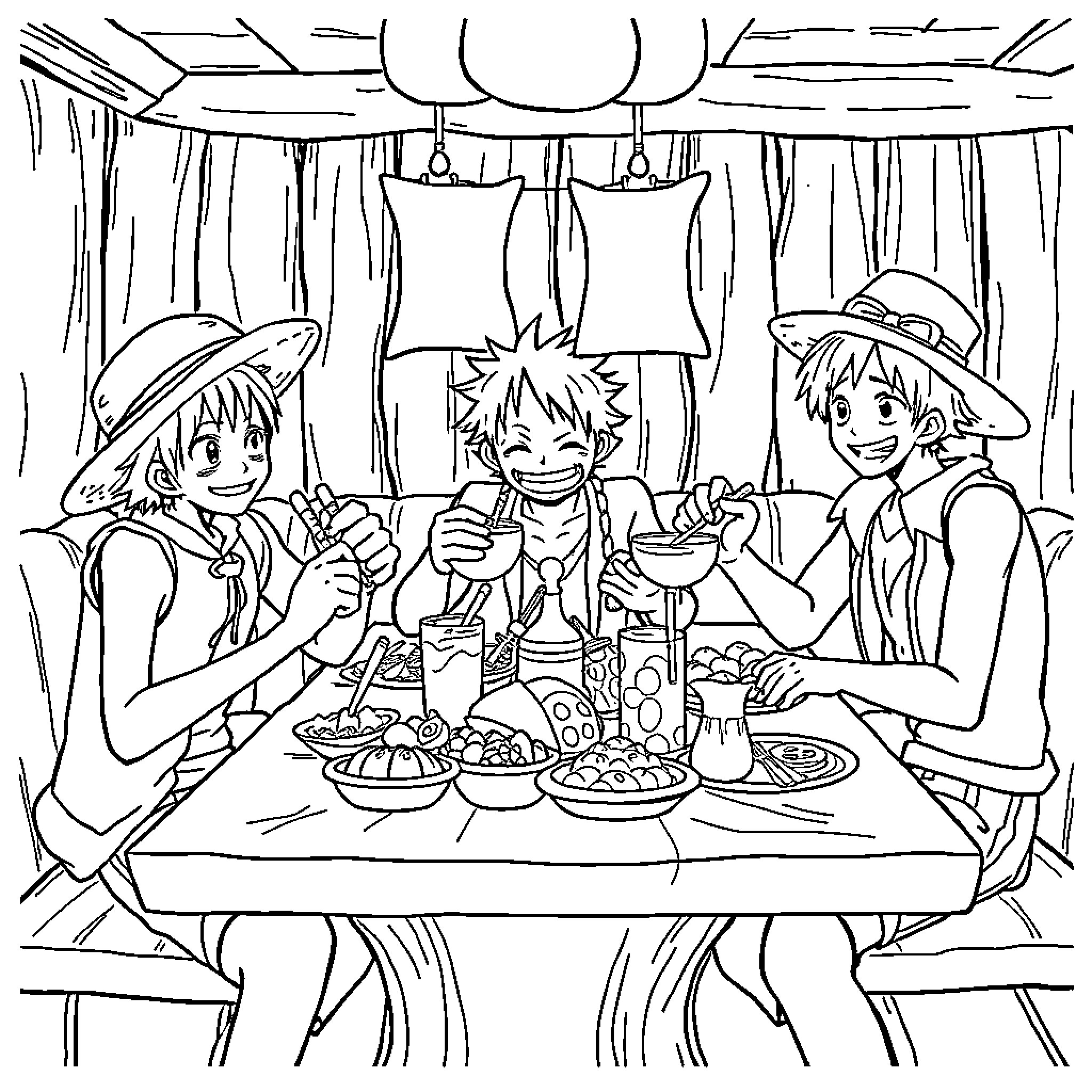Luffy and friends enjoying a festive meal together Coloring Page (free black-and-white line drawing printable PDF for all, from beginners to advanced learners, including children, teens, adults, and seniors)