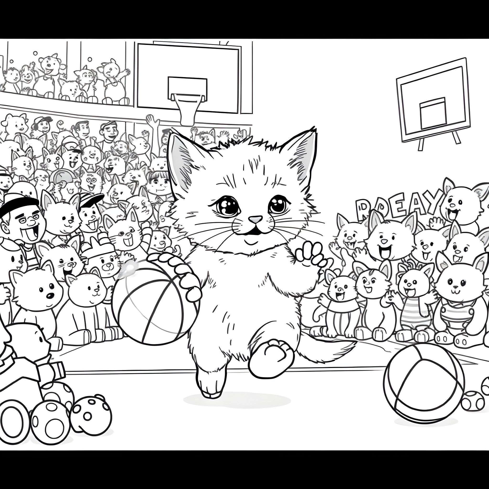 Kitty enjoying playtime with toys and stuffed animals Coloring Page (free black-and-white line drawing printable PDF for all, from beginners to advanced learners, including children, teens, adults, and seniors)