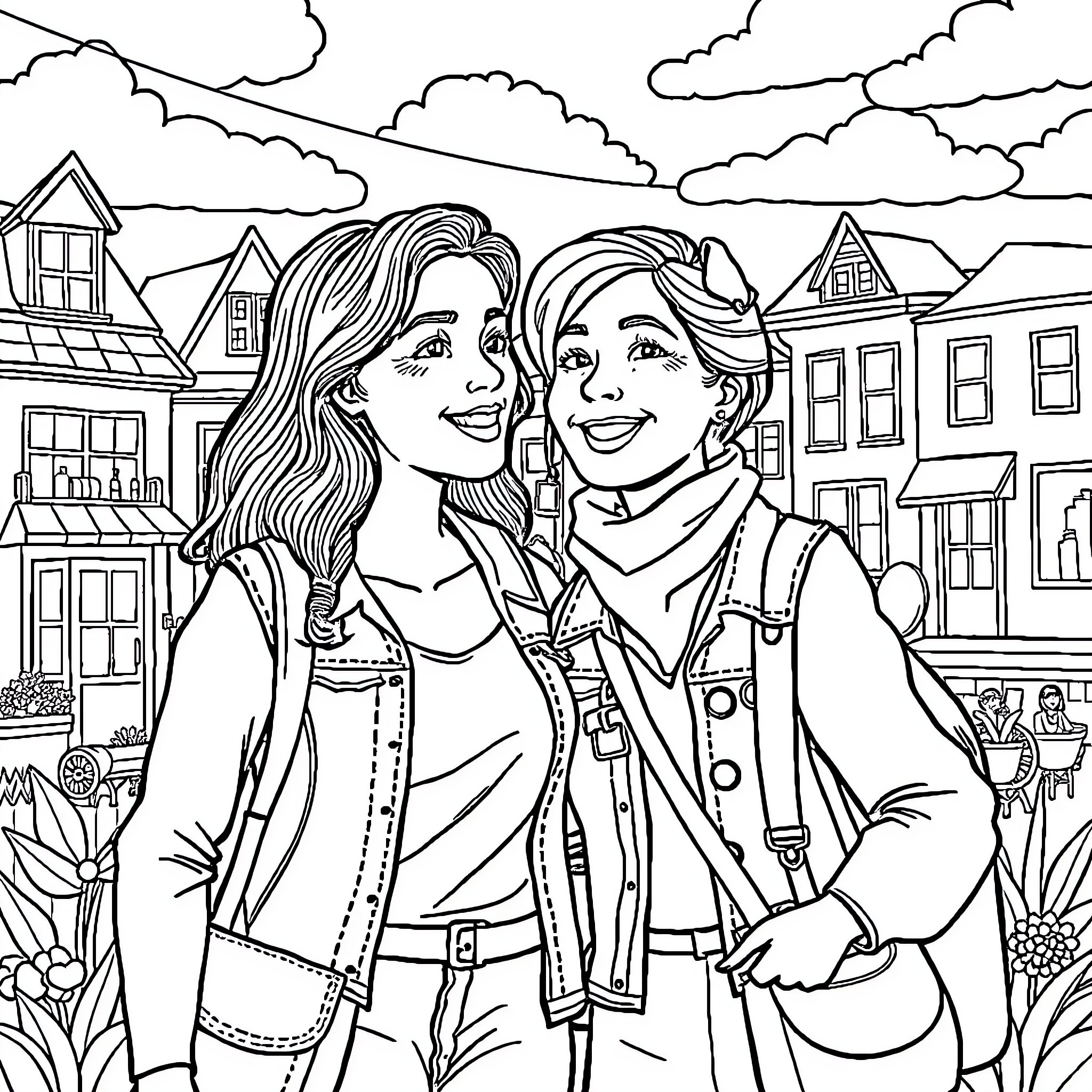 Ginny and Georgia's Friendly Stroll Through the Neighborhood Coloring Page (free black-and-white line drawing printable PDF for all, from beginners to advanced learners, including children, teens, adults, and seniors)