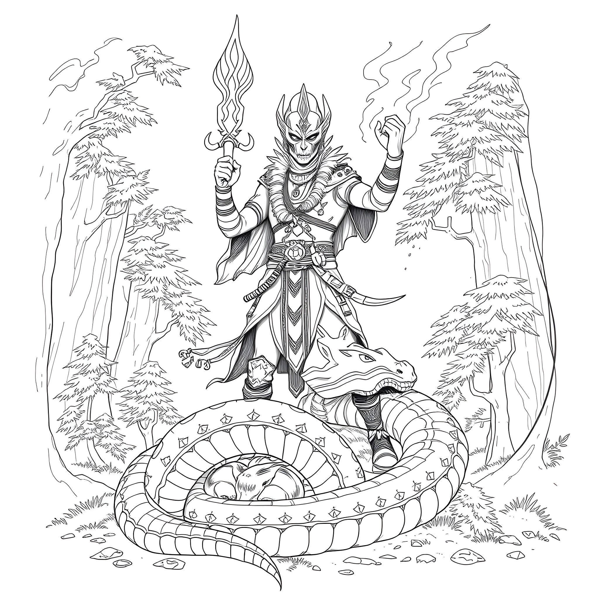 Uktena the Serpent-Wielding Warrior in the Enchanted Forest Coloring Page (free black-and-white line drawing printable PDF for all, from beginners to advanced learners, including children, teens, adults, and seniors)