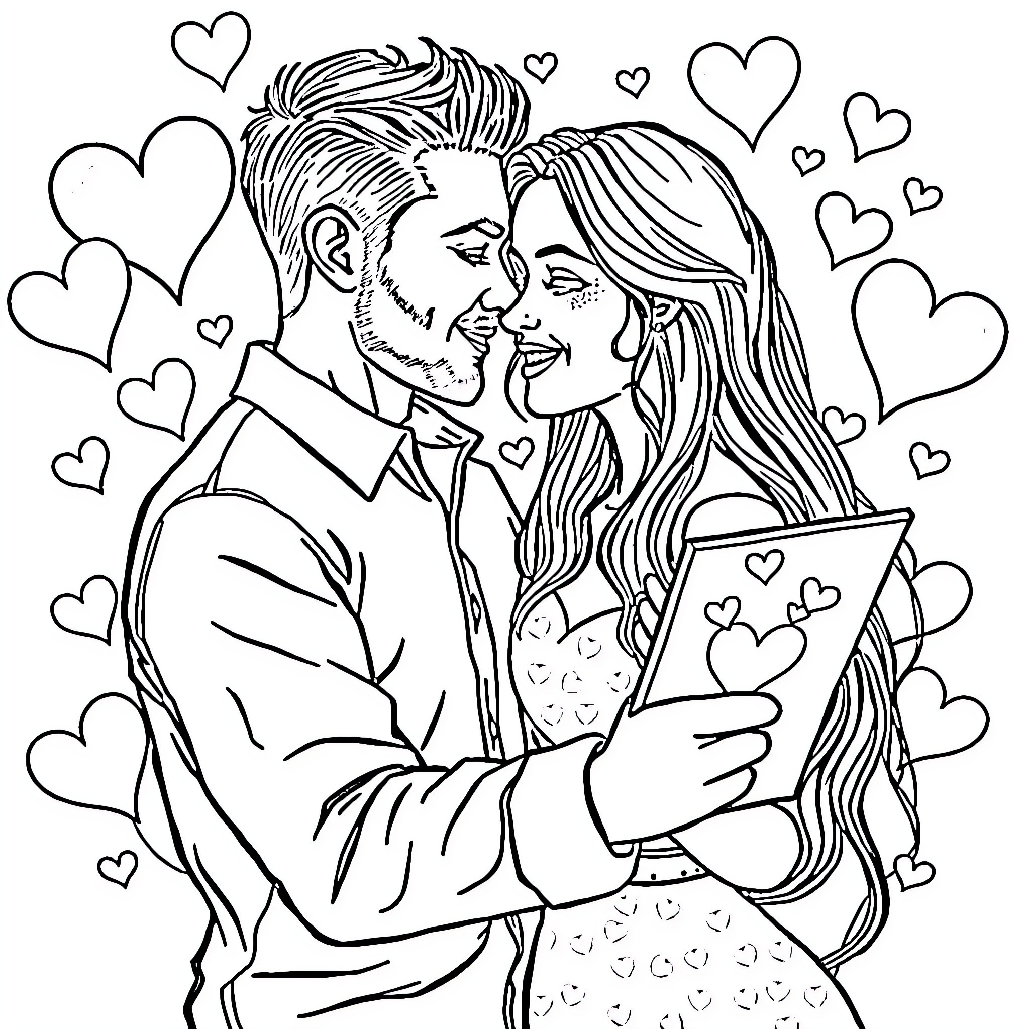 Couple sharing a moment of affection Coloring Page (free black-and-white line drawing printable PDF for all, from beginners to advanced learners, including children, teens, adults, and seniors)