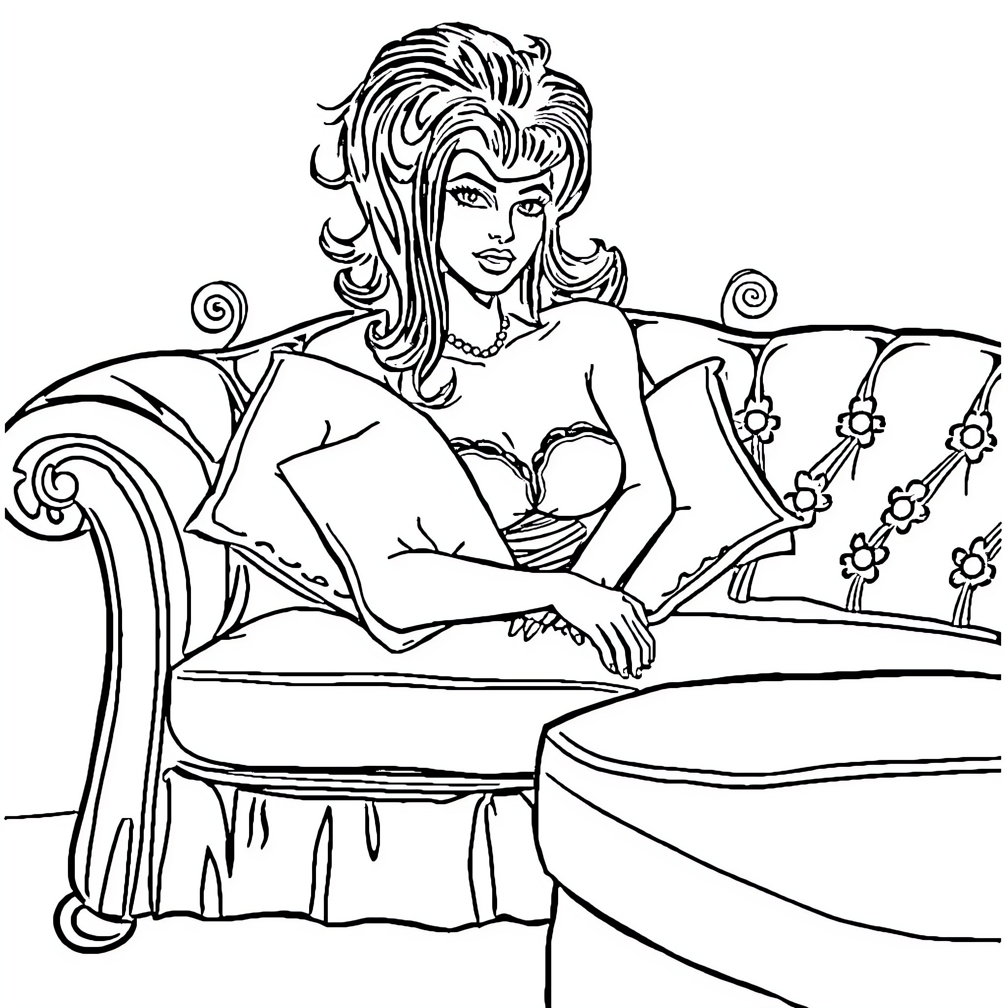 Couch Woman Lounging in Floral Surrounds Coloring Page (free black-and-white line drawing printable PDF for all, from beginners to advanced learners, including children, teens, adults, and seniors)