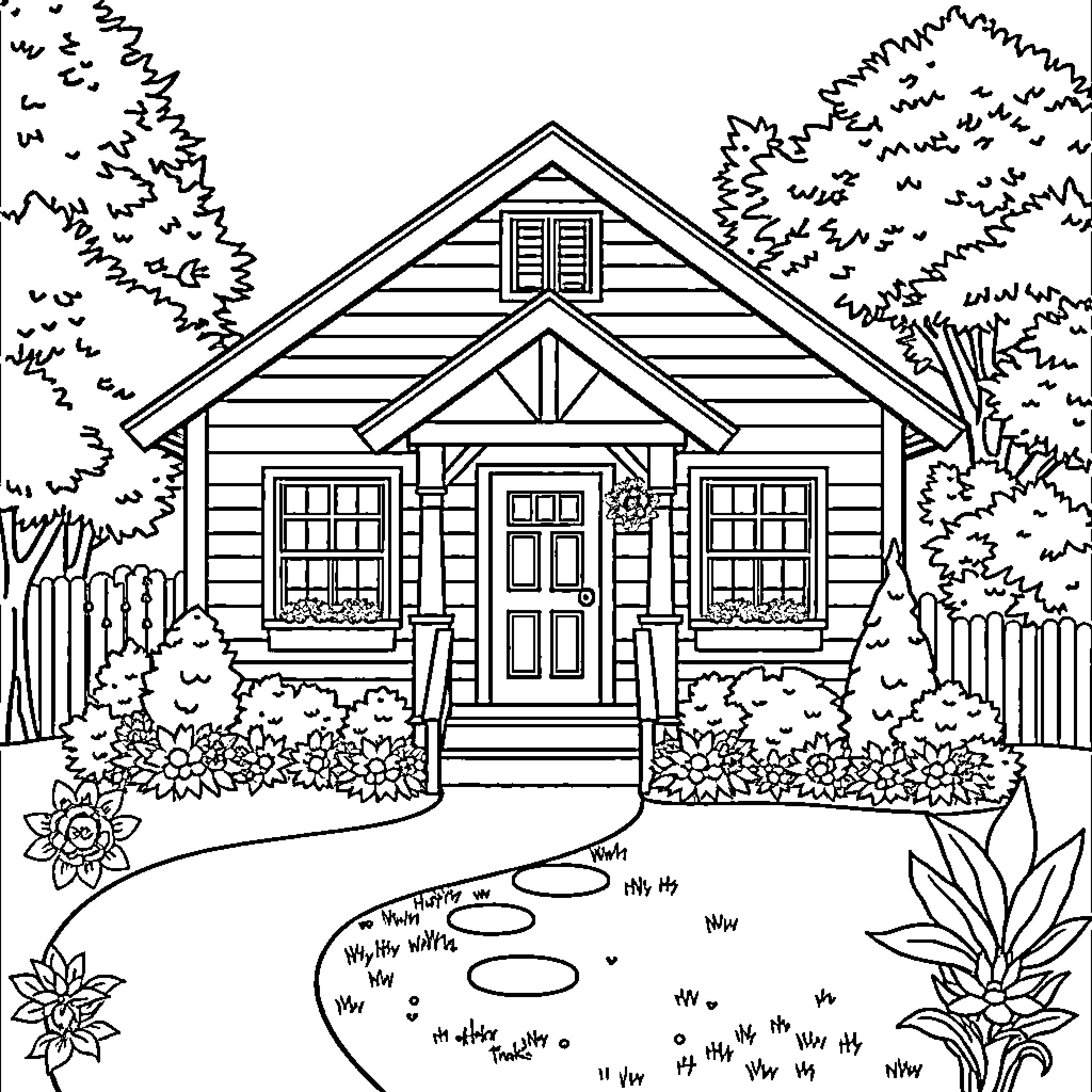 Bungalow with Charming Garden and Pathway Coloring Page (free black-and-white line drawing printable PDF for all, from beginners to advanced learners, including children, teens, adults, and seniors)