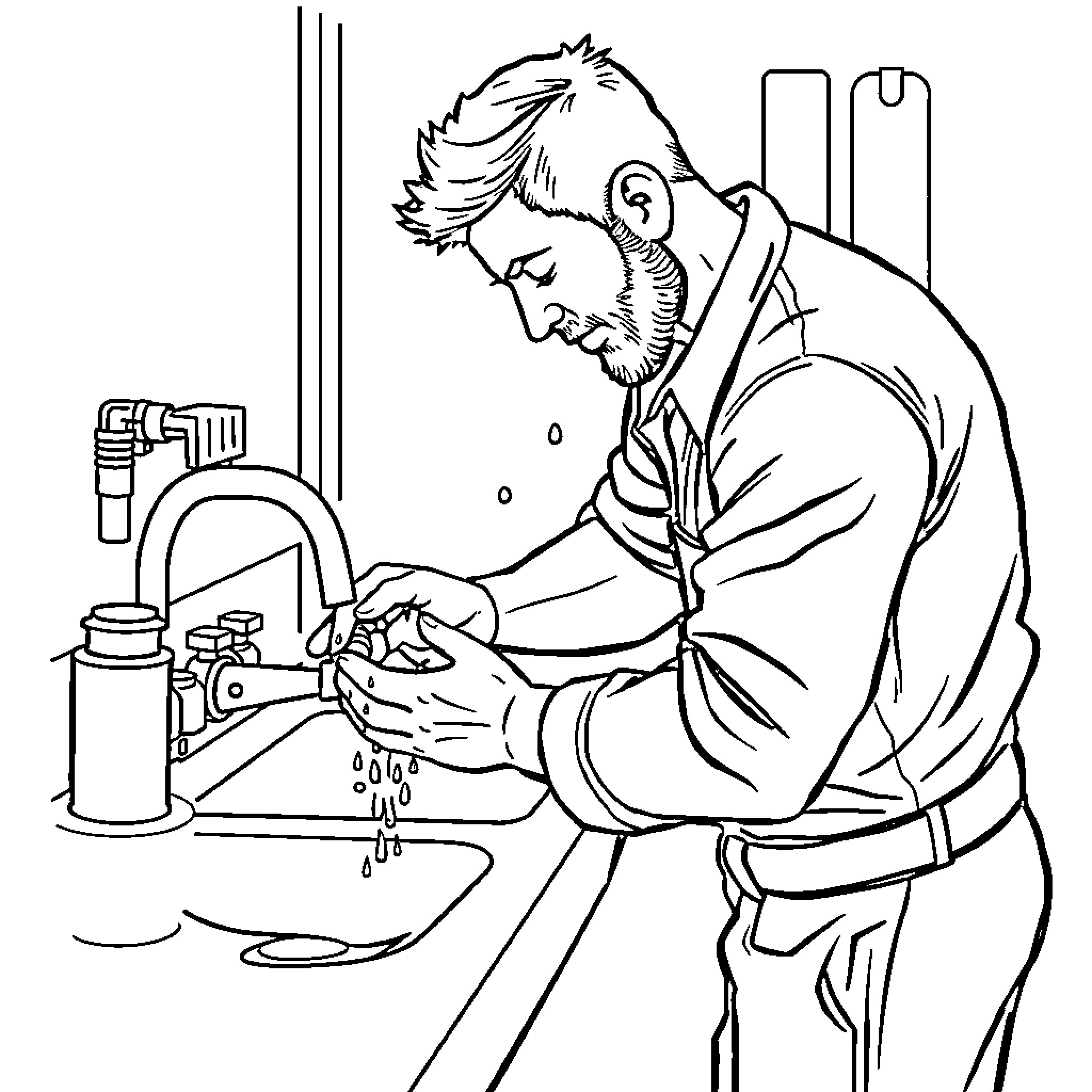 Mechanic working diligently on automotive repairs Coloring Page (free black-and-white line drawing printable PDF for all, from beginners to advanced learners, including children, teens, adults, and seniors)