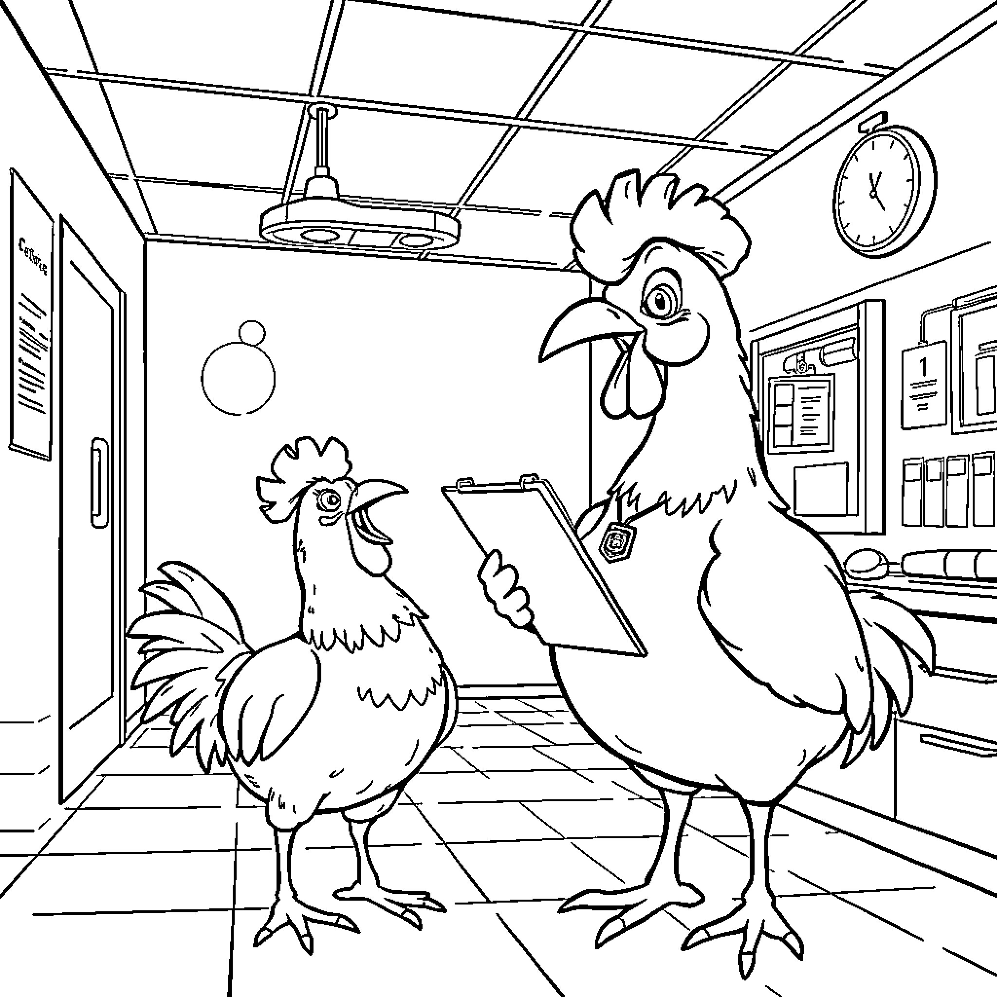 Chicken characters in a classroom setting Coloring Page (free black-and-white line drawing printable PDF for all, from beginners to advanced learners, including children, teens, adults, and seniors)