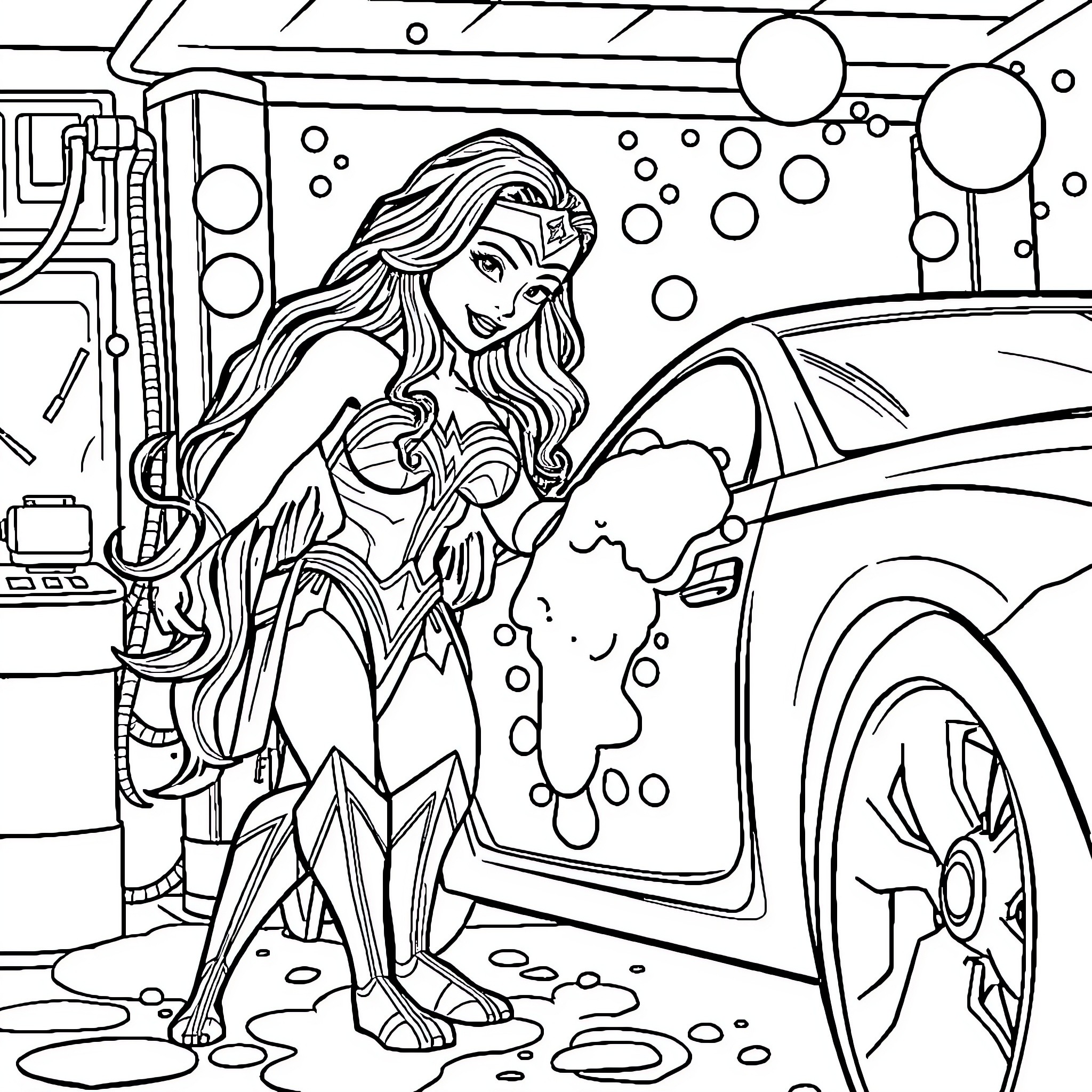 Wonder Woman Washing and Cleaning a Futuristic Car Coloring Page (free black-and-white line drawing printable PDF for all, from beginners to advanced learners, including children, teens, adults, and seniors)