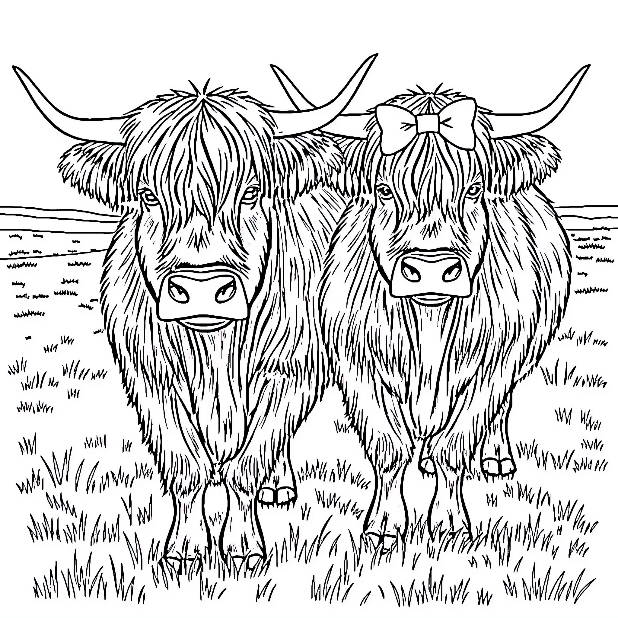Highland Cattle grazing peacefully in the meadow Coloring Page (free black-and-white line drawing printable PDF for all, from beginners to advanced learners, including children, teens, adults, and seniors)