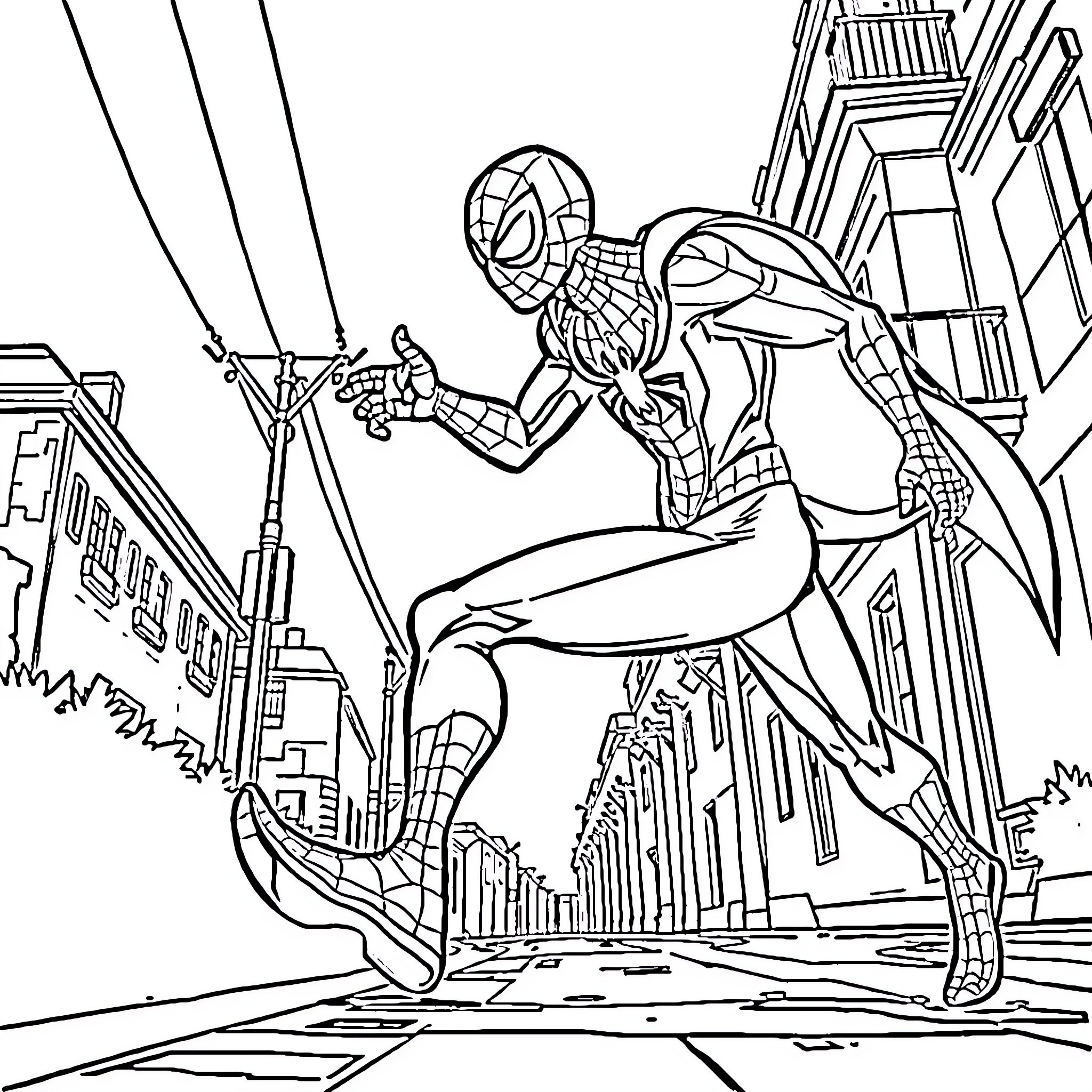 Spiderman swinging through the city with his web-slinging abilities Coloring Page (free black-and-white line drawing printable PDF for all, from beginners to advanced learners, including children, teens, adults, and seniors)