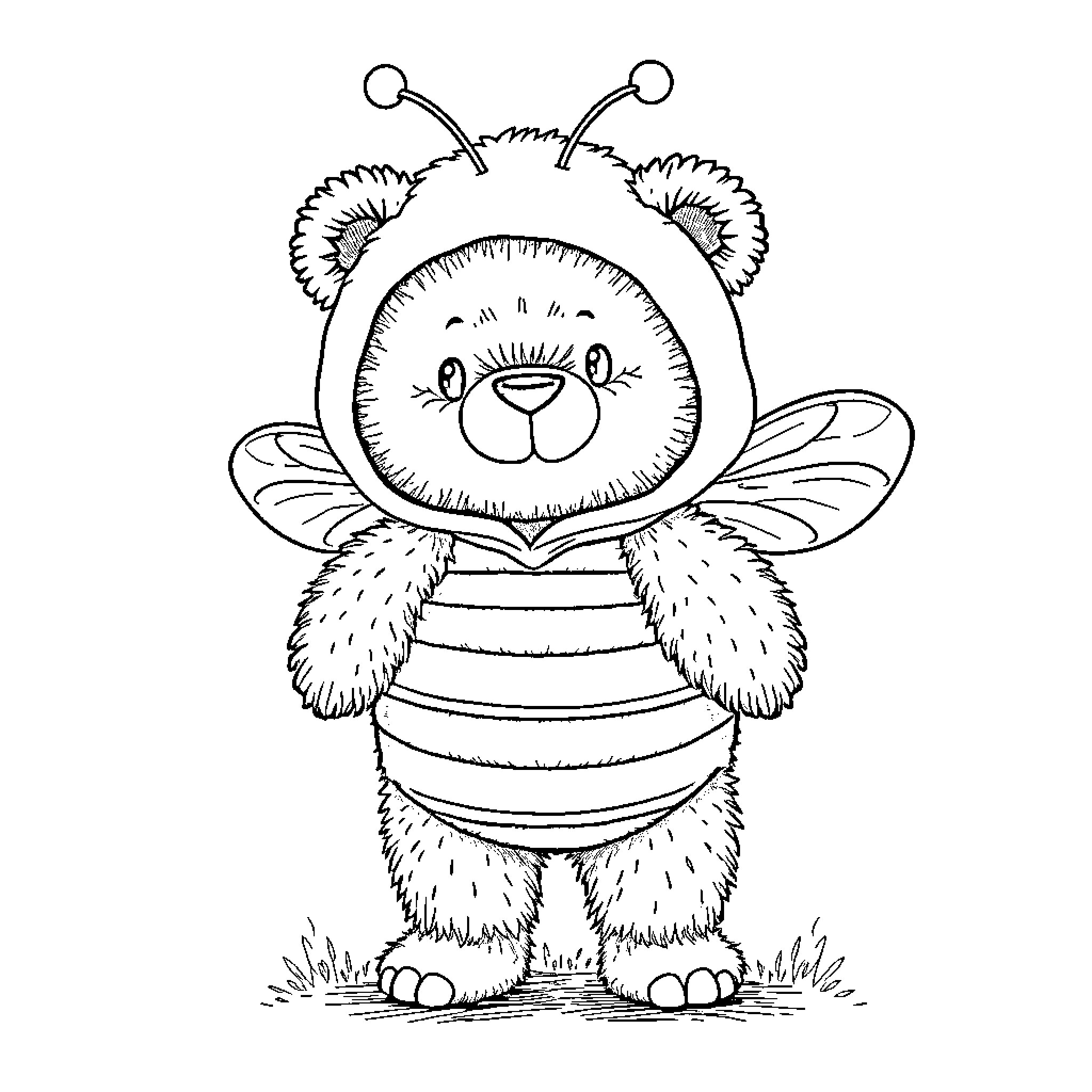 Bear dressed as a cute bee Coloring Page (free black-and-white line drawing printable PDF for all, from beginners to advanced learners, including children, teens, adults, and seniors)