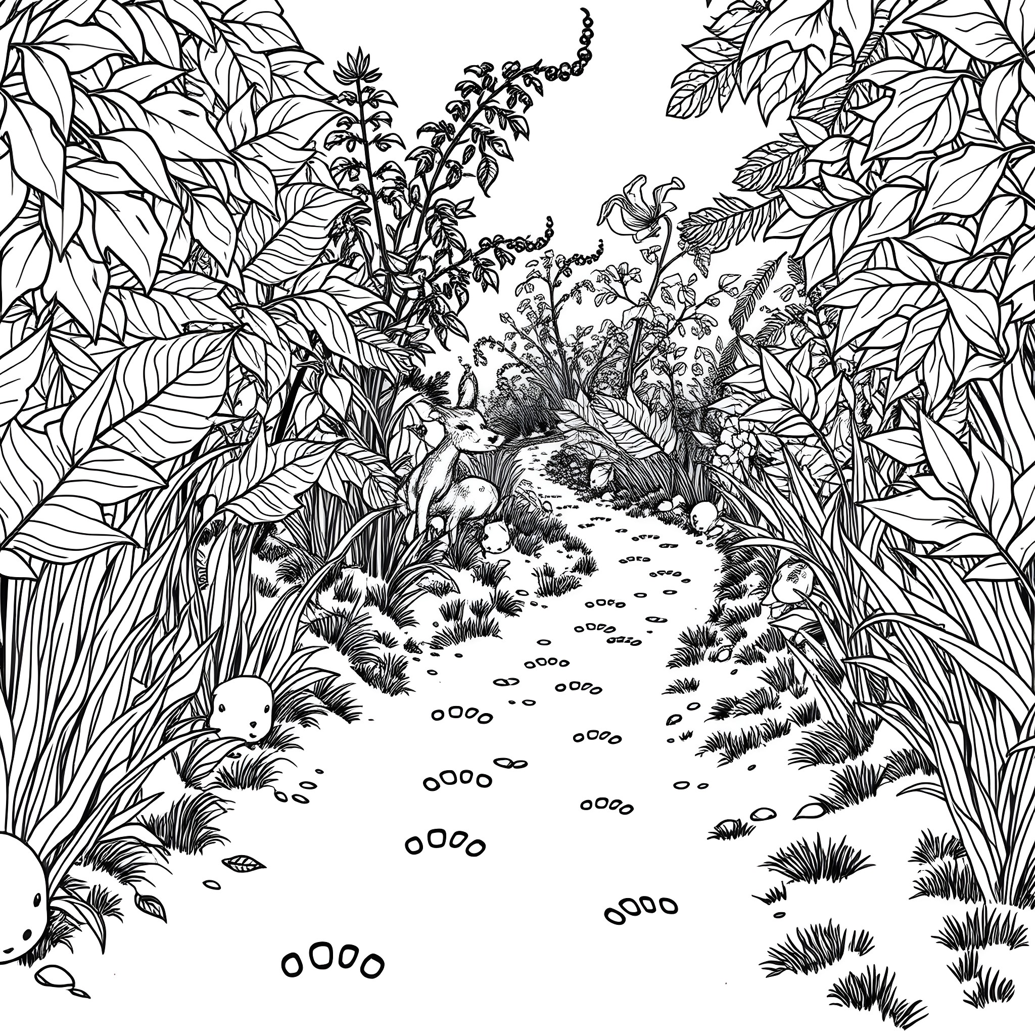 Animal in a Lush Jungle Landscape Coloring Page (free black-and-white line drawing printable PDF for all, from beginners to advanced learners, including children, teens, adults, and seniors)