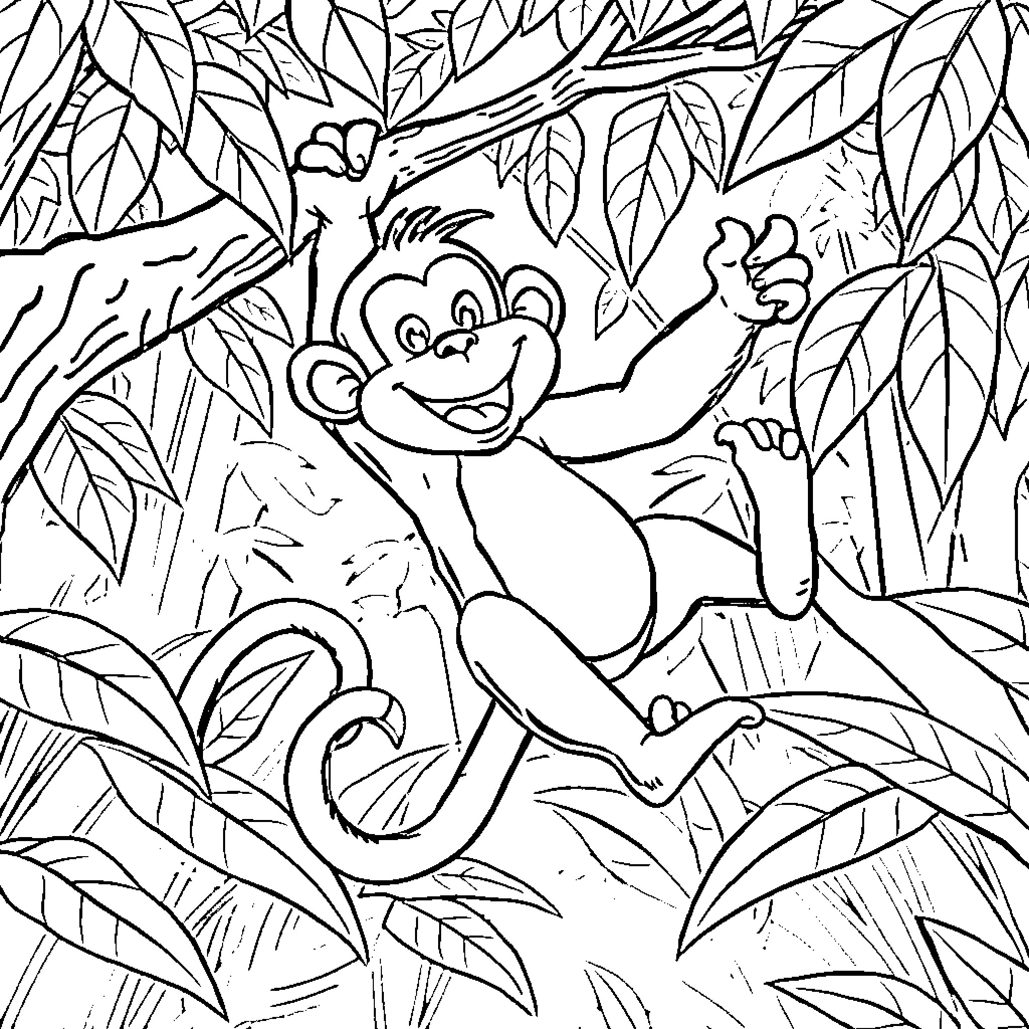 Monkey exploring the jungle Coloring Page (free black-and-white line drawing printable PDF for all, from beginners to advanced learners, including children, teens, adults, and seniors)